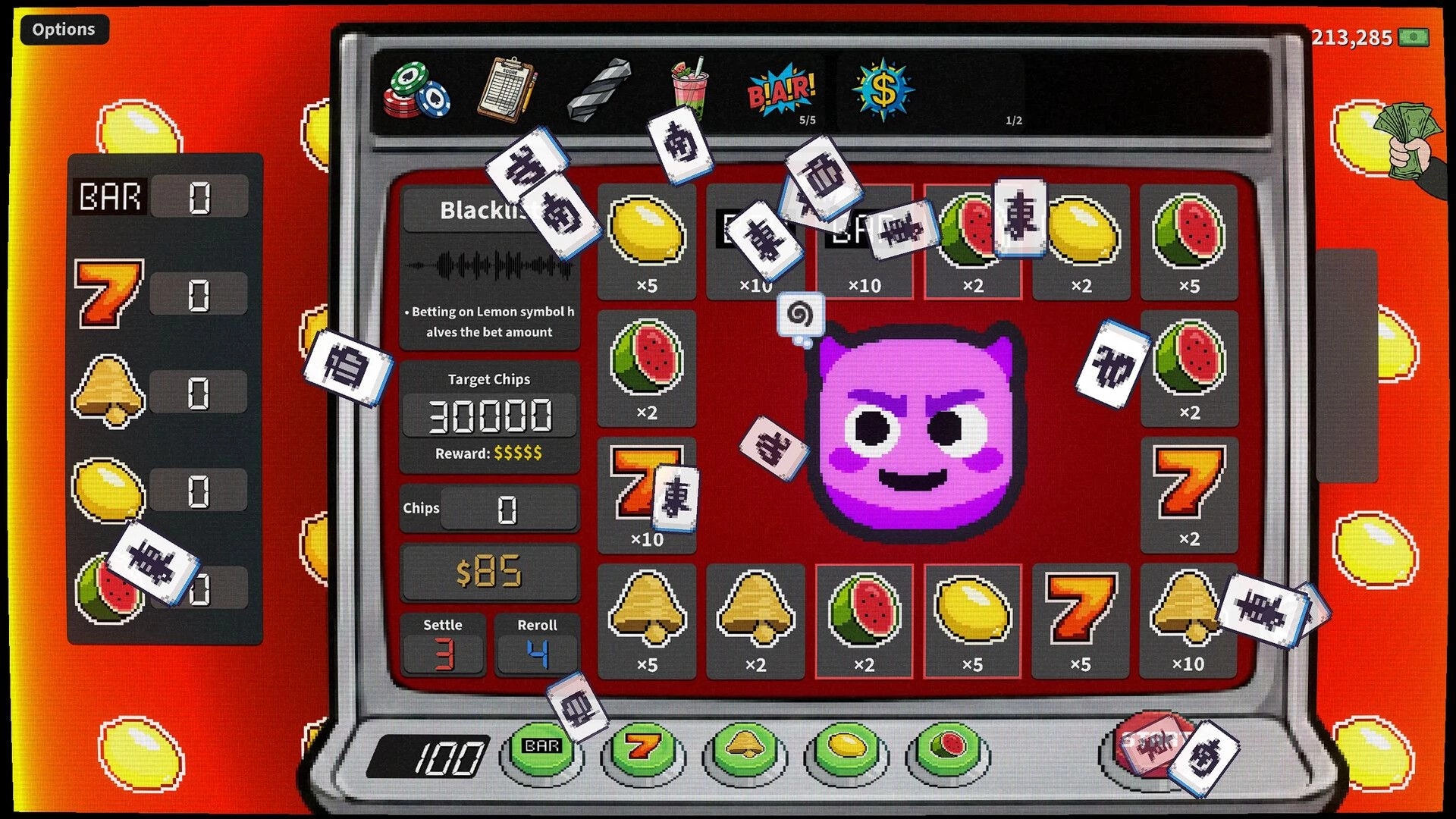 Greedy Slots: Slot machine UI with fruit symbols and purple cat face amid flying tiles on red board.