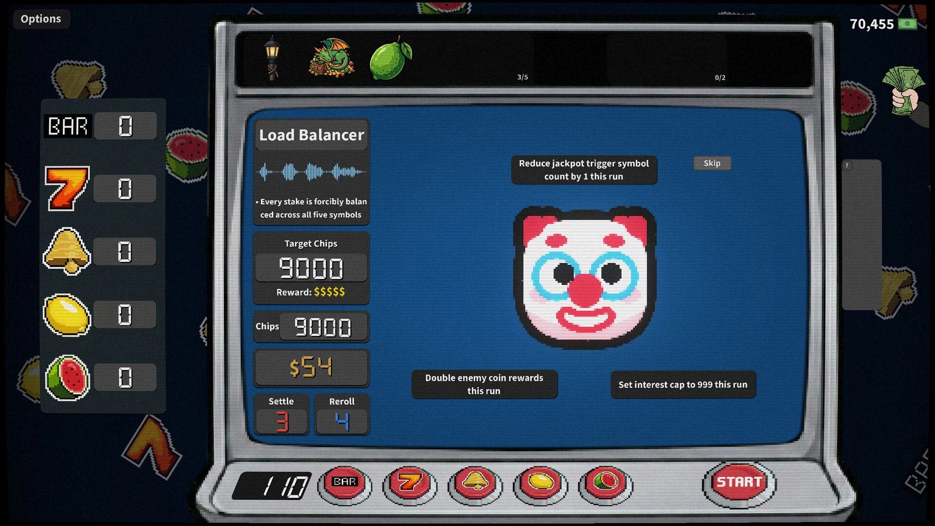 Greedy Slots: Load Balancer modifier menu with clown icon and chip target panel on slot machine UI.