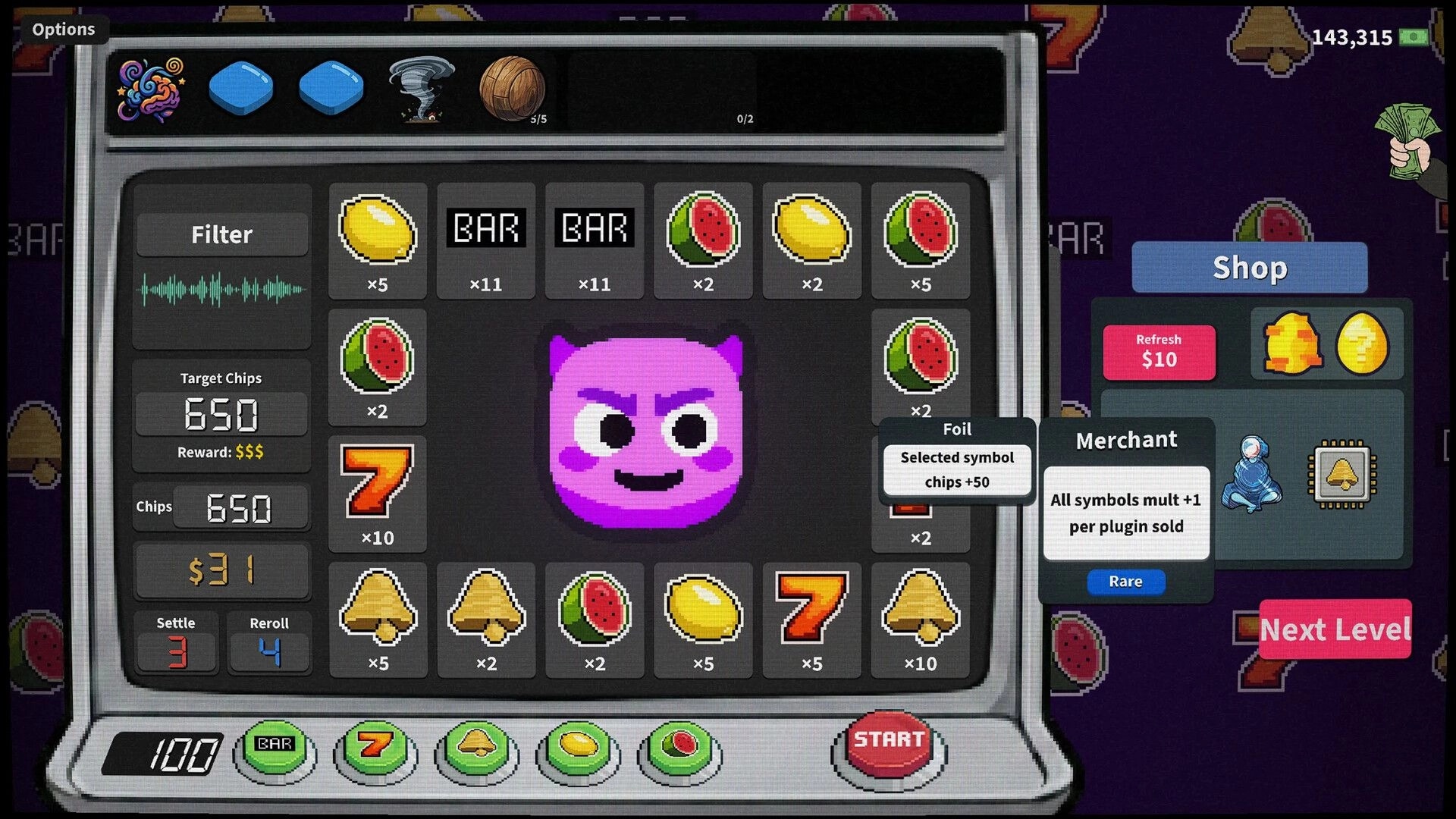 Greedy Slots: Options panel with slot symbols and purple cat icon beside shop and merchant perks.