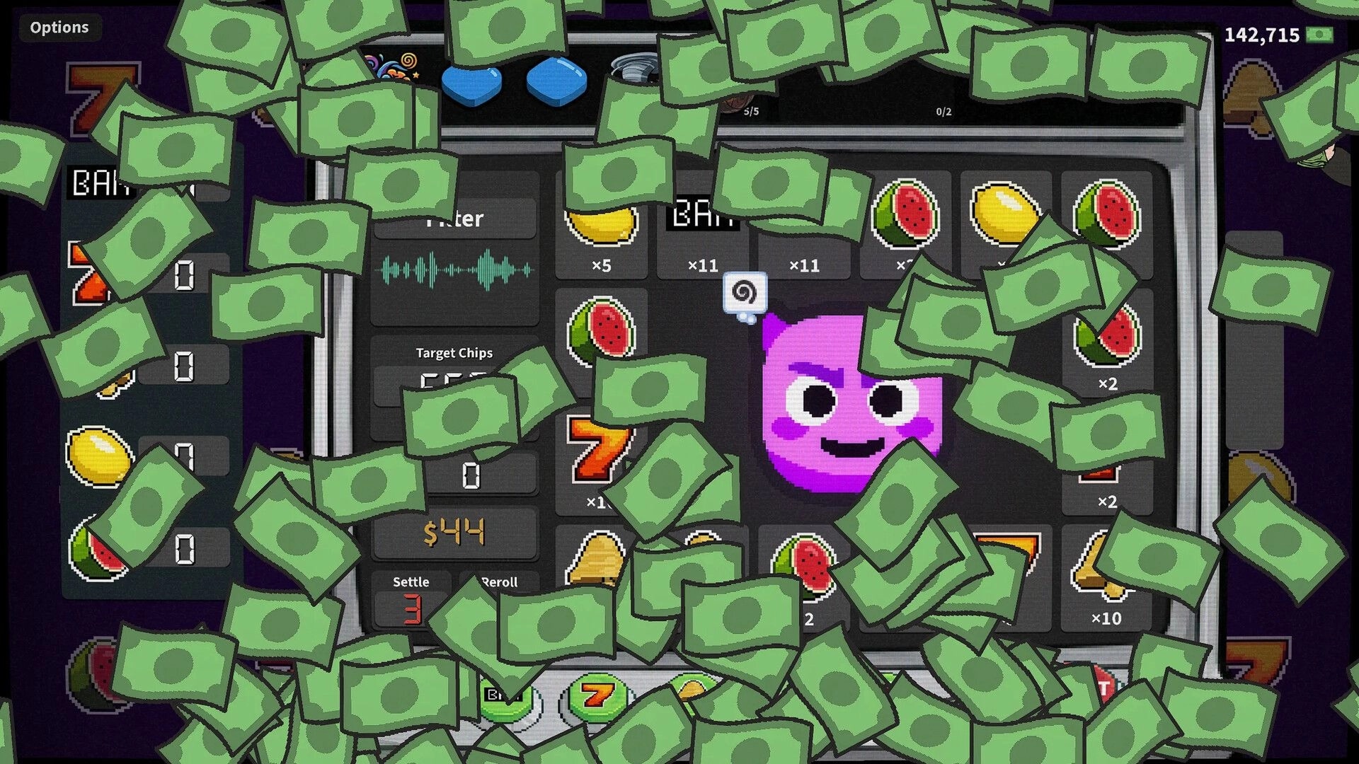 Greedy Slots: Cash shower over slot grid with fruit icons and purple cat face in casino UI.