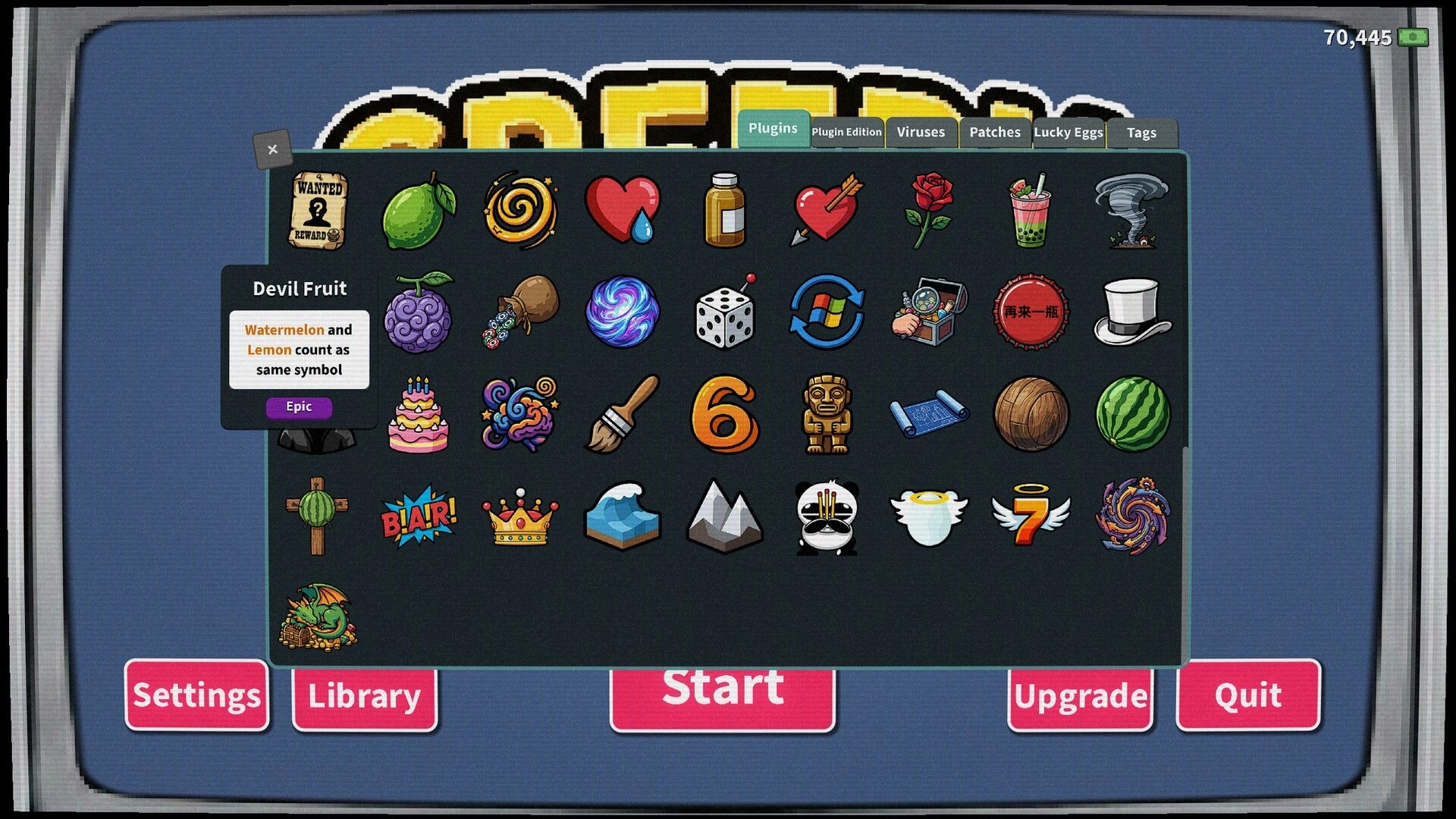 Greedy Slots: Plugins library grid with Devil Fruit tooltip over main menu buttons on blue screen.