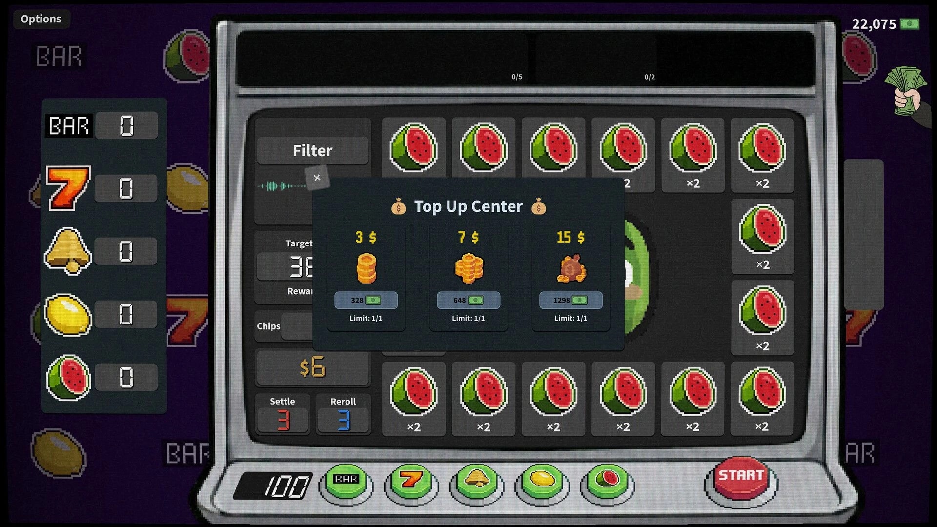 Greedy Slots: Slot machine screen with Top Up Center popup over watermelon reels in bar-themed UI.