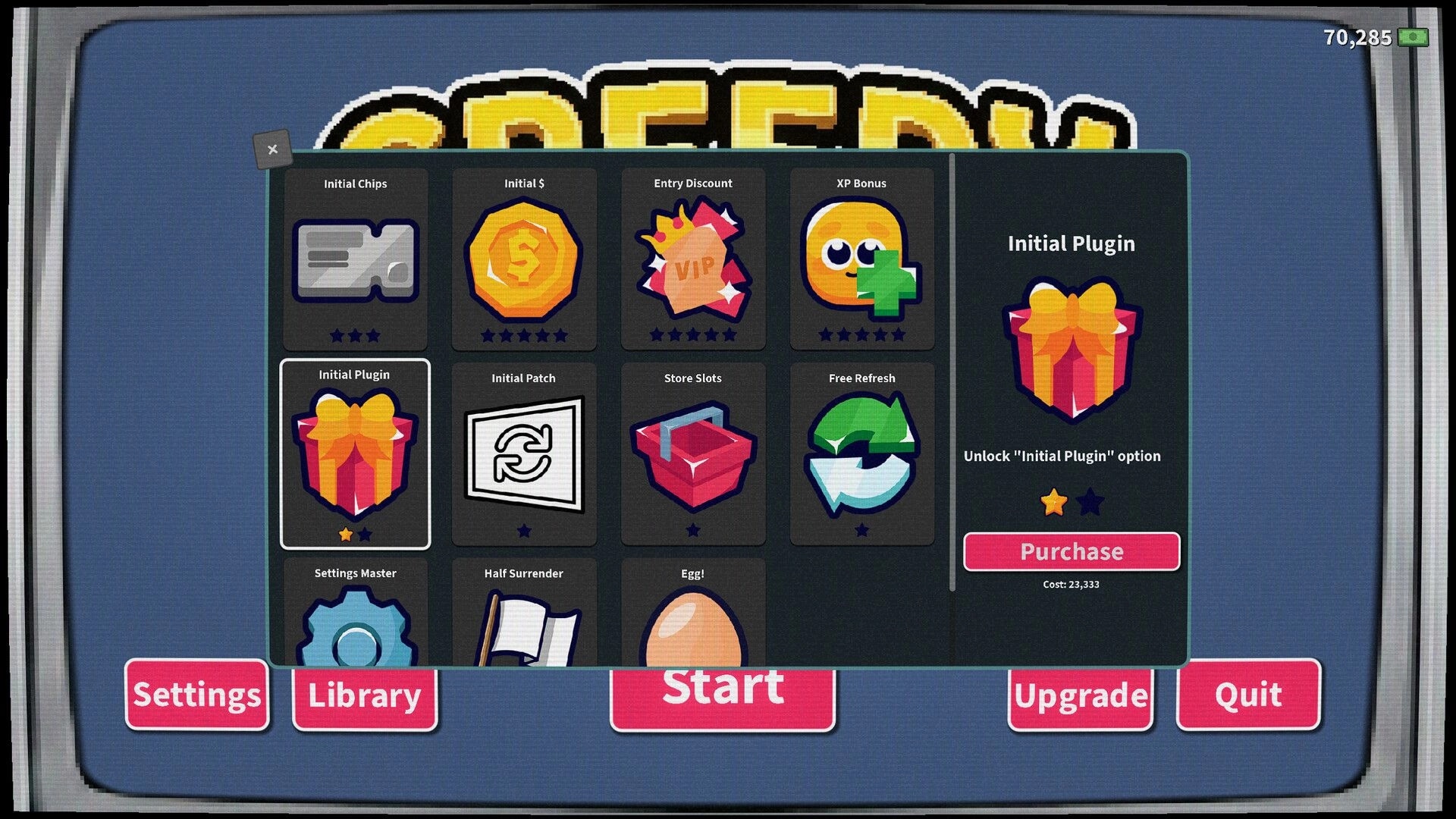 Greedy Slots: Upgrade menu highlighting Initial Plugin gift icon with purchase button on main screen.