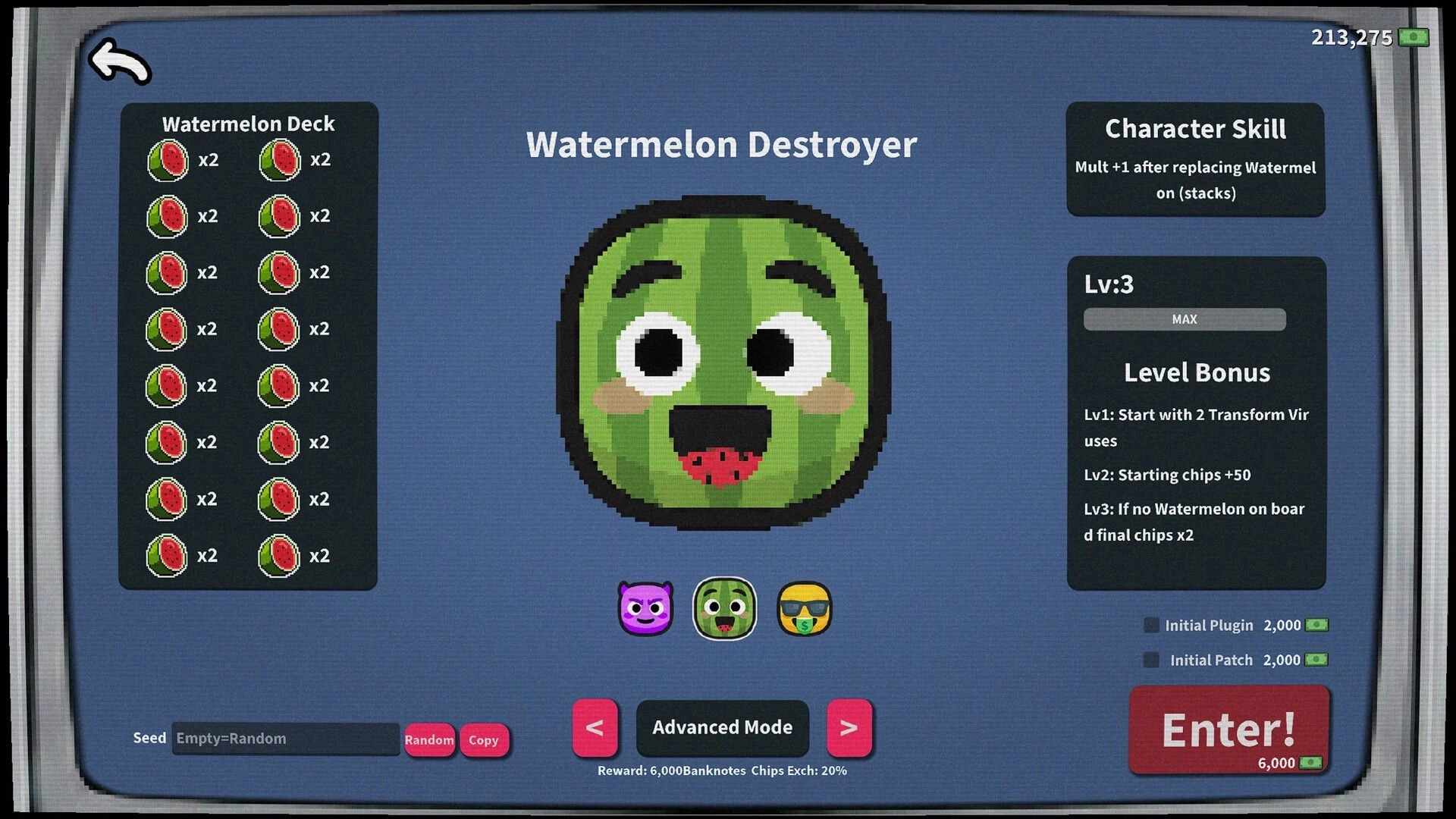 Greedy Slots: Watermelon Destroyer character select with deck list, skills panel, and Enter button UI.