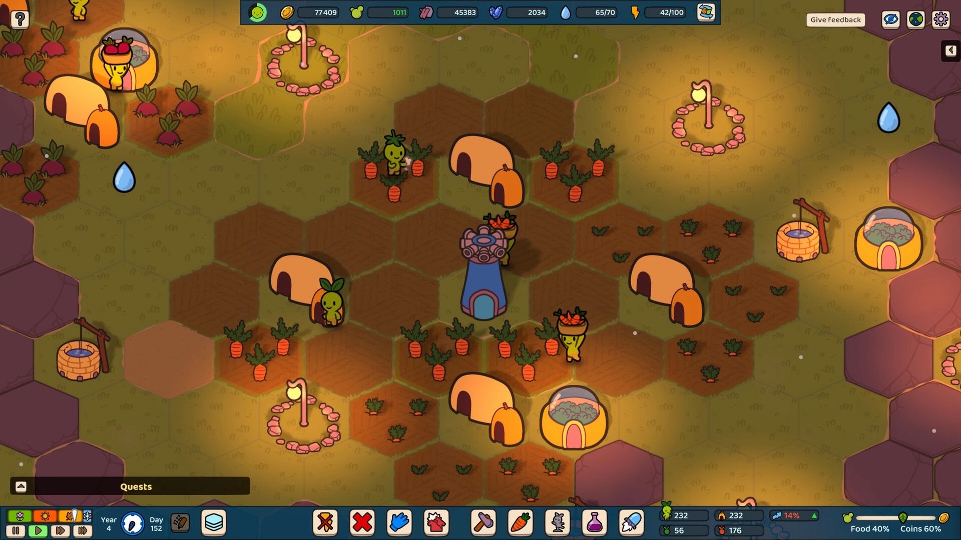 Green Again: Little plant people tending crops near hexagonal huts and a central blue tower structure