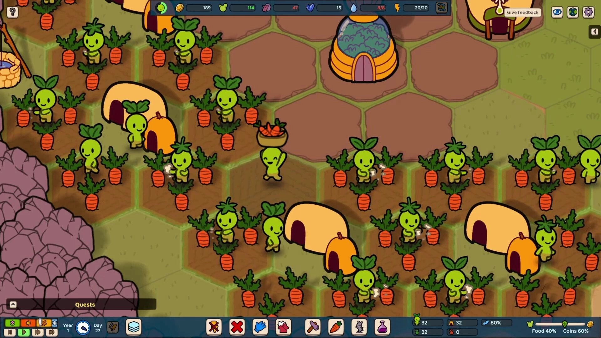 Green Again: Plant people harvest carrots around small huts in a hexagonal field setting