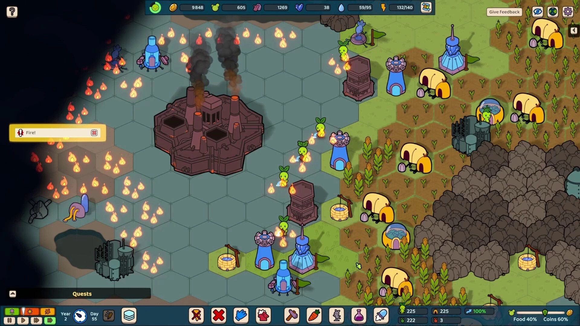 Green Again: Plant people extinguishing fires near a factory in a hexagonal grid landscape.