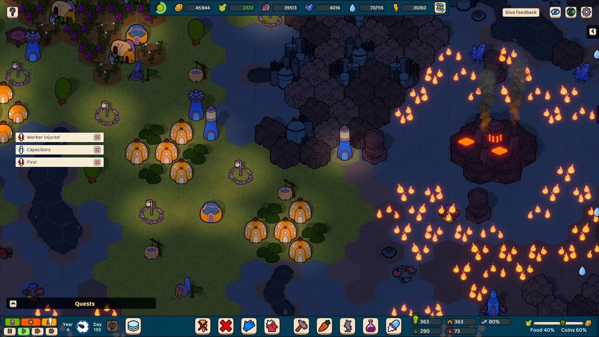 Green Again: Tribal village with crops, fire alerts, and a factory emitting smoke in hexagonal terrain