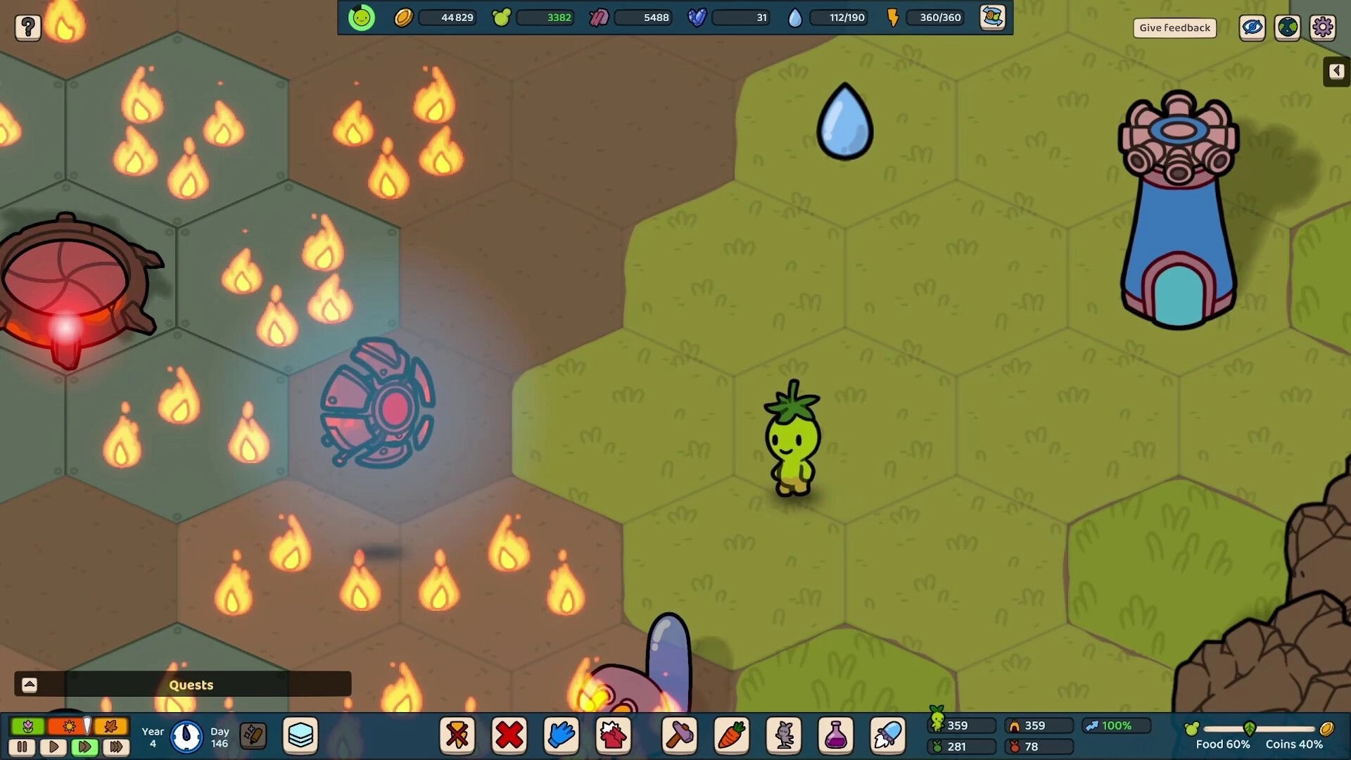 Green Again: Plant character near fire and robots on hexagonal grid with resources and quests menu visible