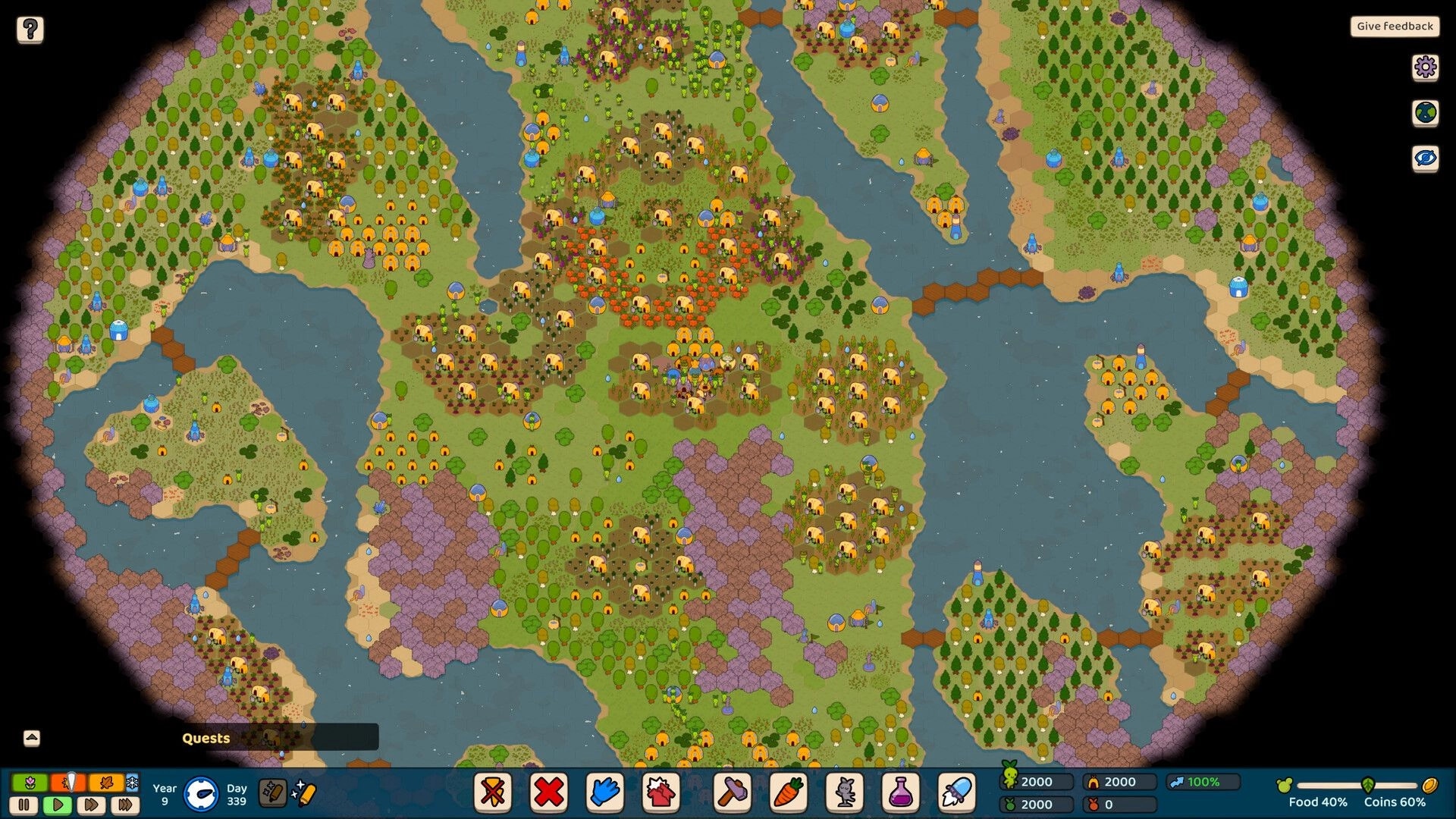 Green Again: Overhead map view showing settlements, forests, and water bodies with active UI elements.