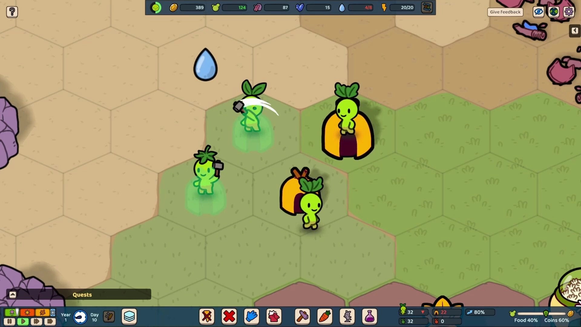 Green Again: Plant people building huts on a hexagonal grid with resources displayed in top bar