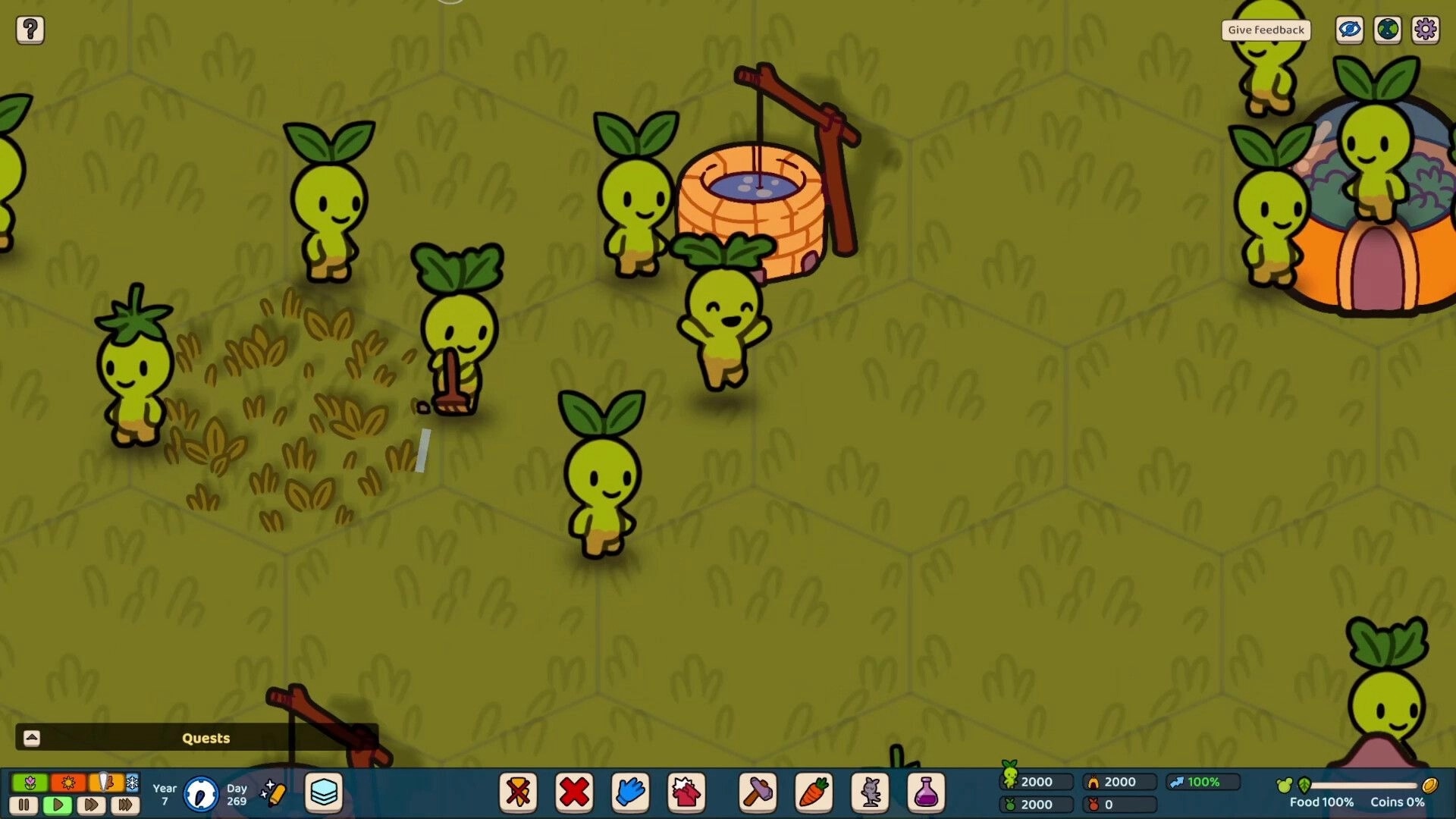 Green Again: Plant people gather near a well and house on grassy hexagonal tiles with UI at the bottom.