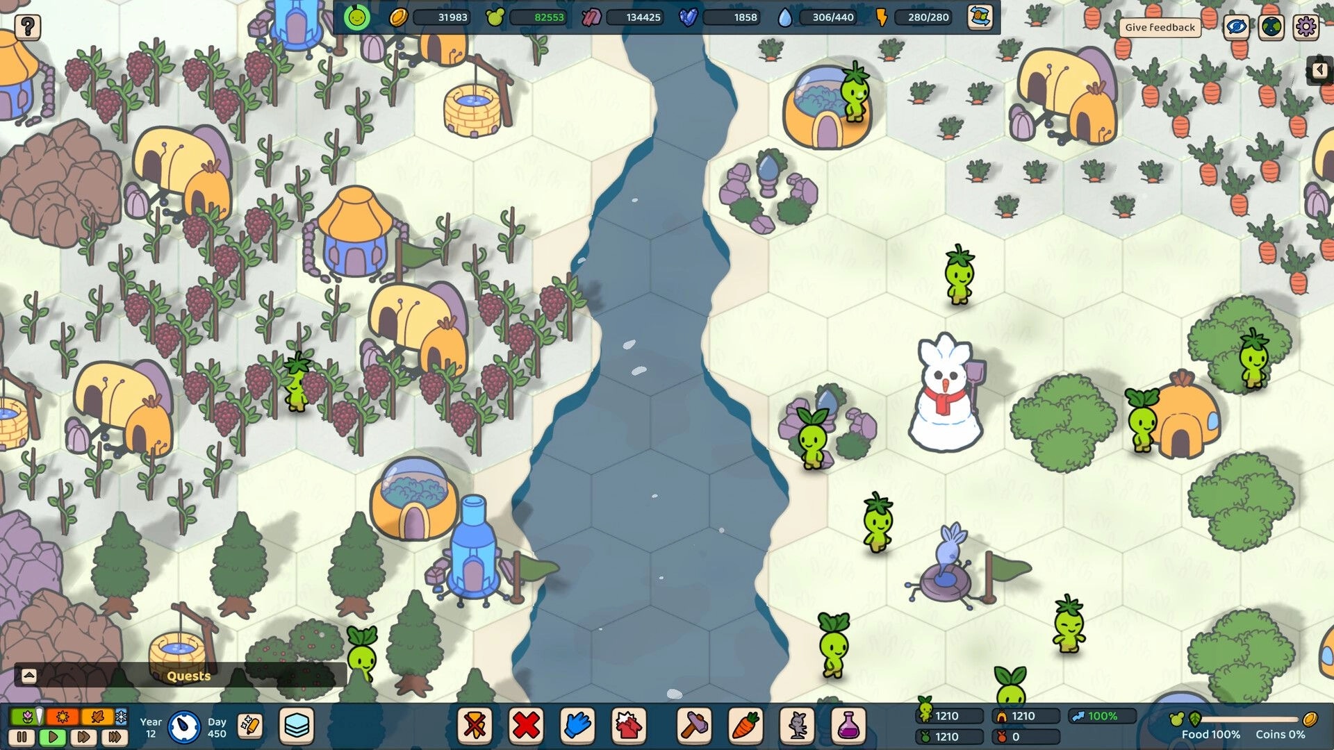 Green Again: Plant people tending crops and homes by a river in a hexagonal grid landscape