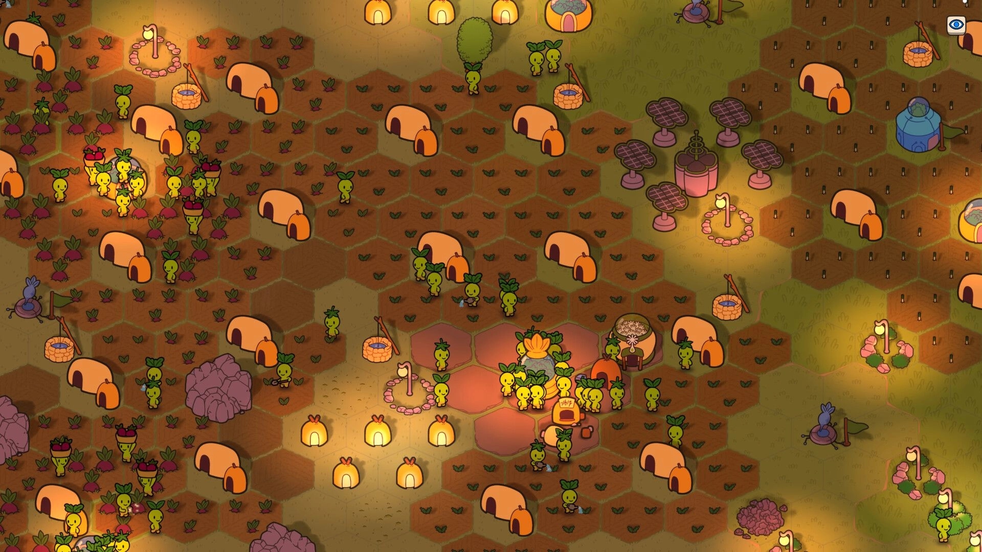Green Again: Plant people gather around glowing huts in a hexagonal village layout at dusk