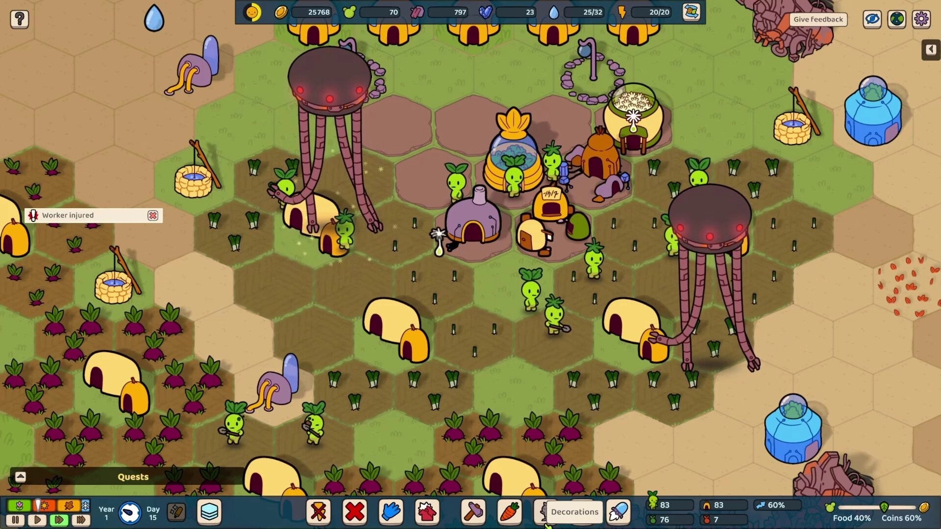 Green Again: Plant people farming and building settlement surrounded by hexagonal tiles and resources