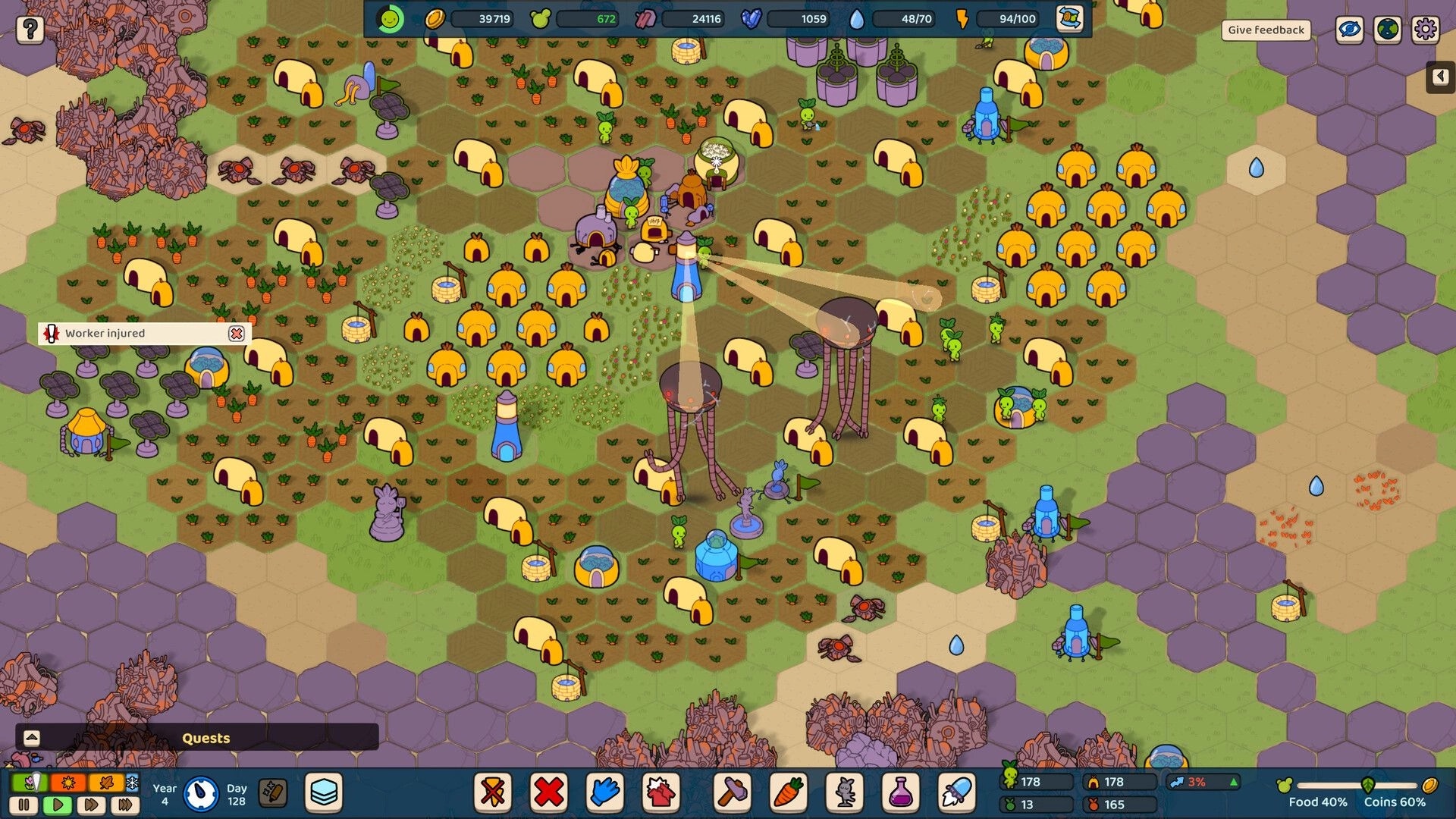 Green Again: Overhead view of settlement with injured worker alert in hexagon grid environment