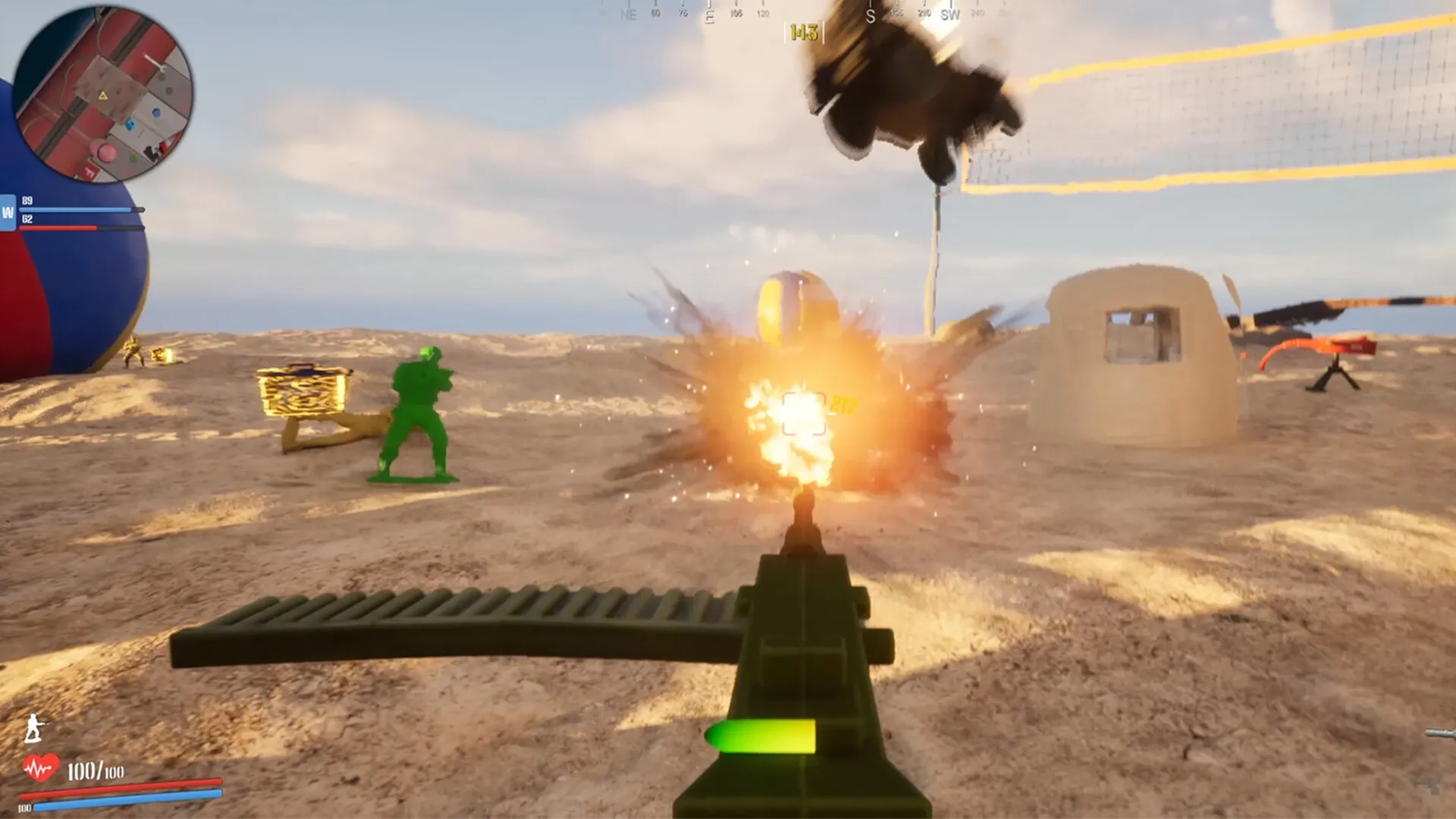 Green Hawk Platoon: FPS view firing at explosion near toy soldiers in a sandy backyard environment