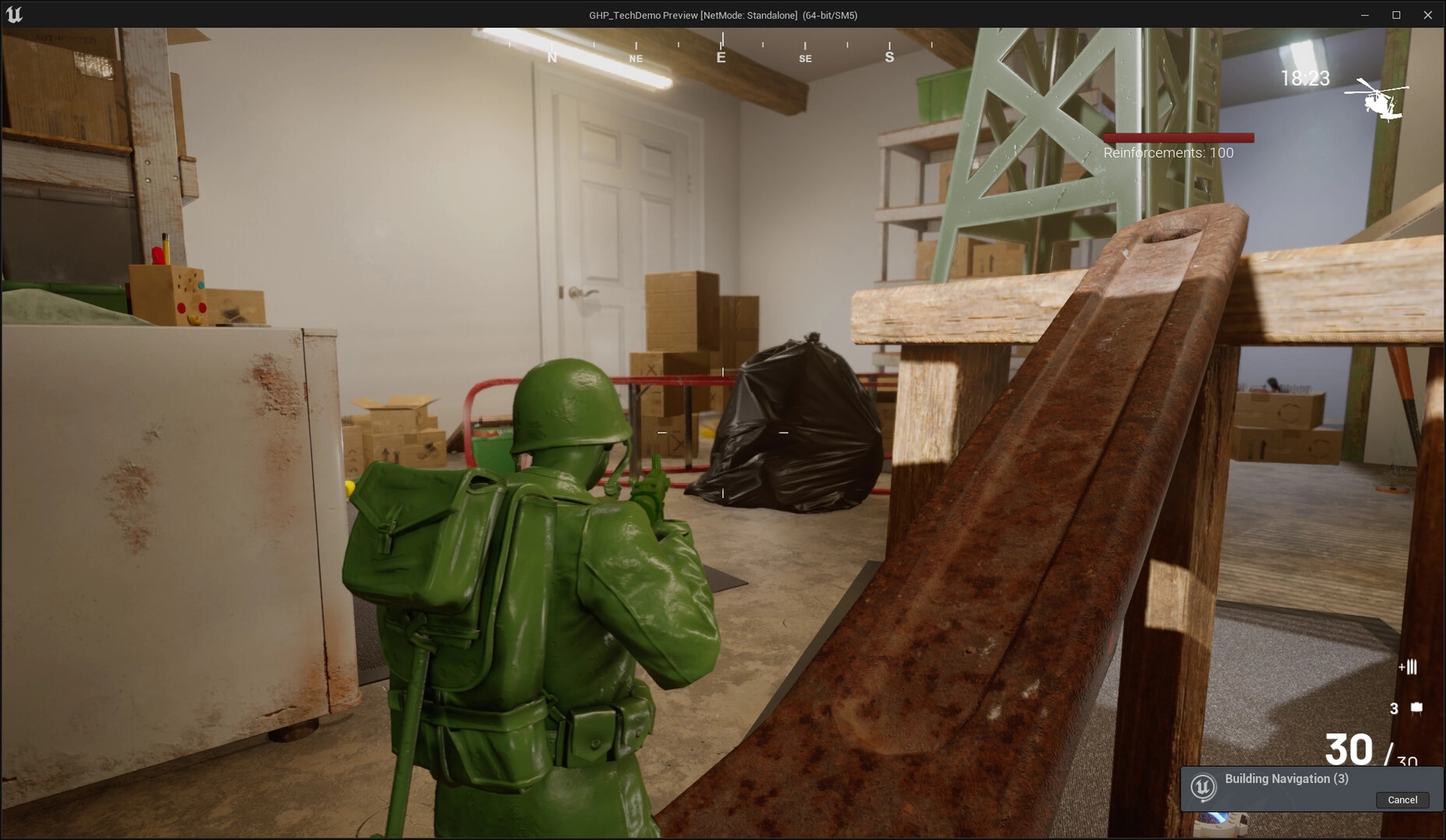 Green Hawk Platoon: Green soldier aiming rifle in cluttered storage room with boxes and metal beams
