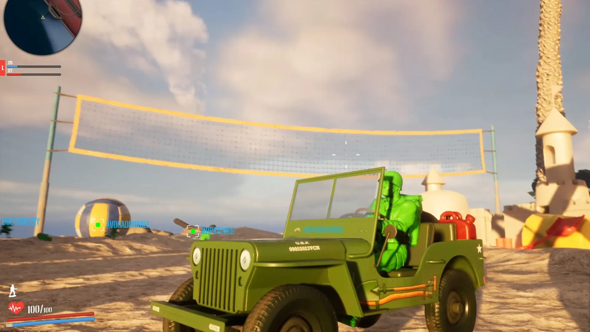 Green Hawk Platoon: Green soldier driving jeep on sandy terrain near volleyball net in sunny beach setting