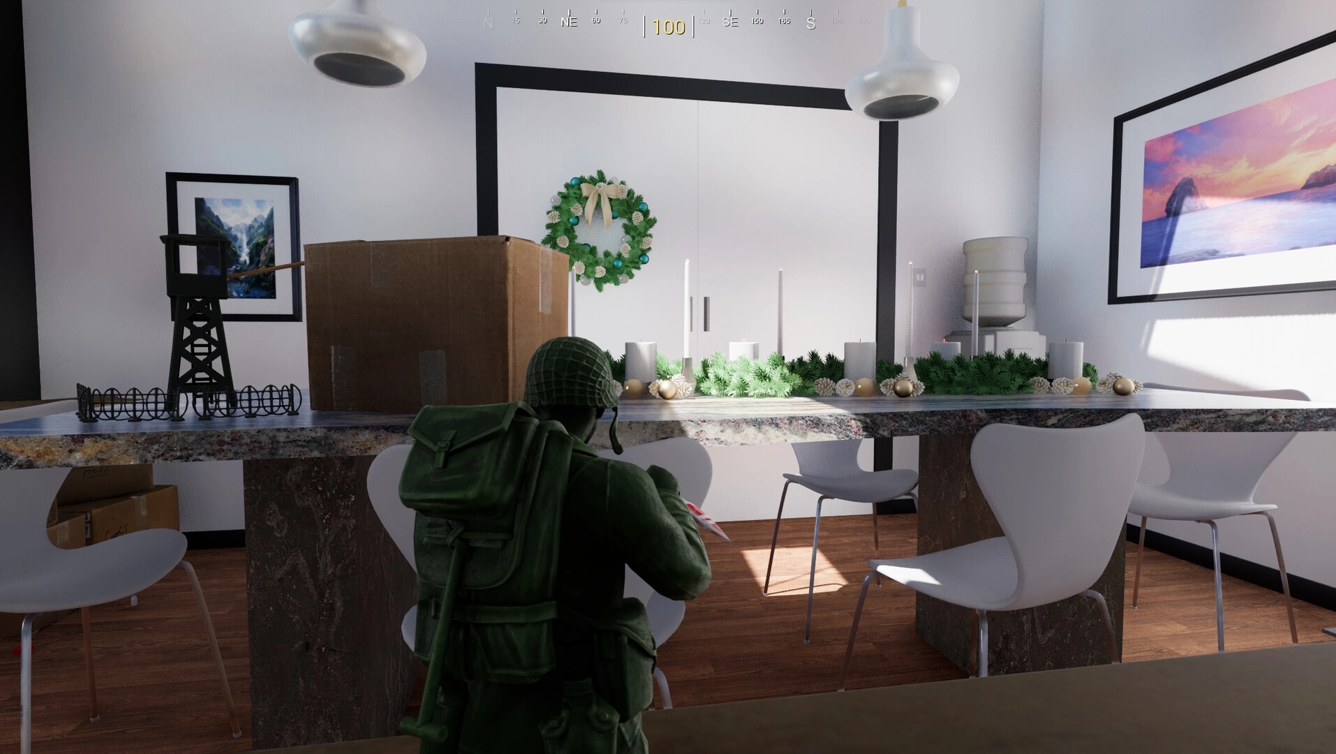 Green Hawk Platoon: Soldier crouching in kitchen, aiming behind table with holiday decorations