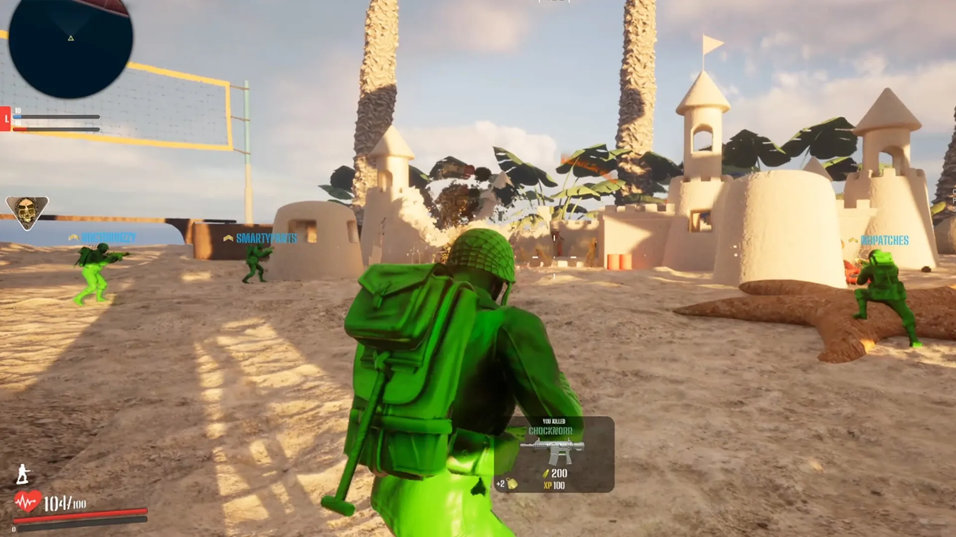 Green Hawk Platoon: Plastic soldiers advance on sandcastle fort in a multiplayer beach environment