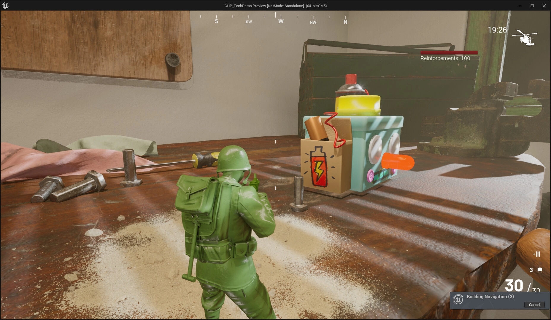 Green Hawk Platoon: Toy soldier aiming at makeshift bomb on a cluttered workbench in the workshop