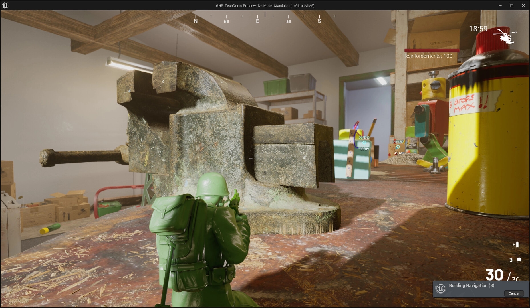 Green Hawk Platoon: Green soldier takes cover behind a vise on a cluttered workbench in a workshop.