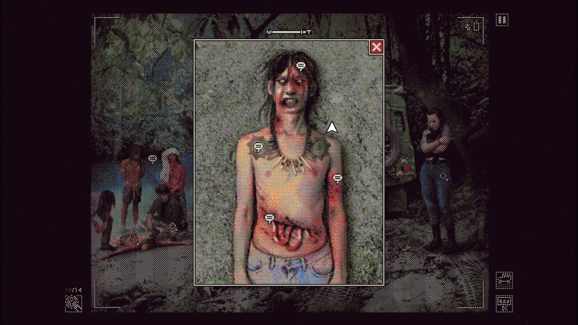 Green Inferno: Zoomed inspection window on wounded woman with dialogue icons in a dark jungle campsite scene.