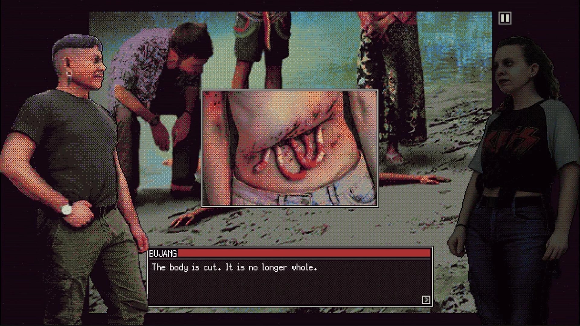 Green Inferno: Dialogue scene inspecting a mutilated corpse with zoomed wound inset on sandy beach.
