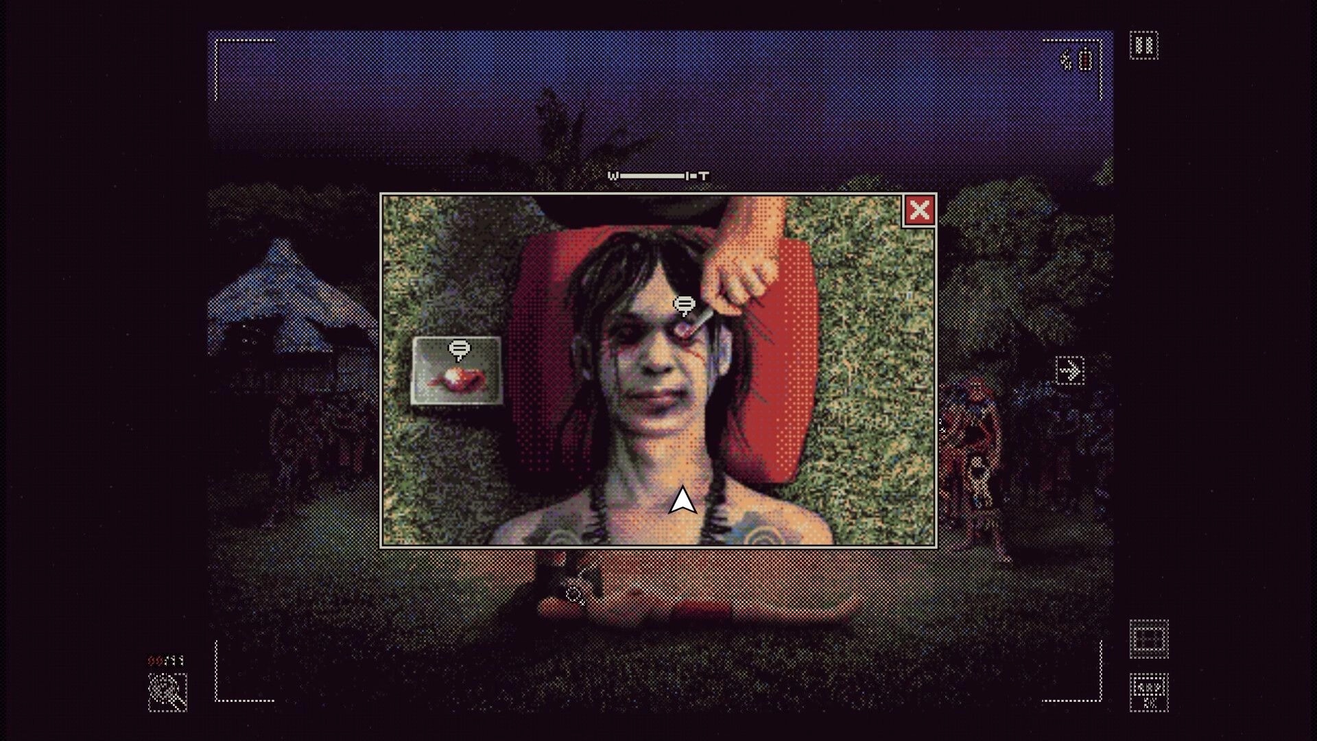 Green Inferno: Evidence photo popup of injured woman on stretcher, jungle camp scene with UI icons around.