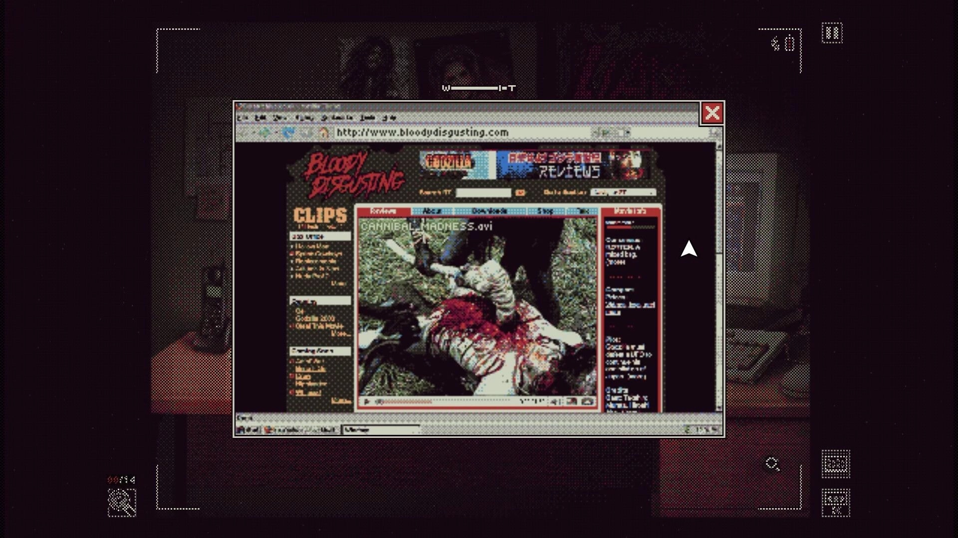 Green Inferno: In-game browser opens Bloody Disgusting clip page showing grisly Cannibal_Madness video feed.
