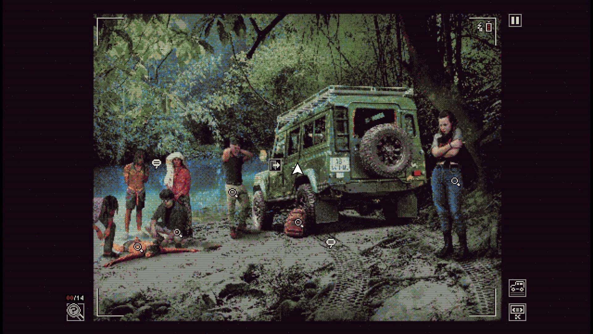 Green Inferno: Investigation view with clue icons around a jeep and group of people on a jungle road.