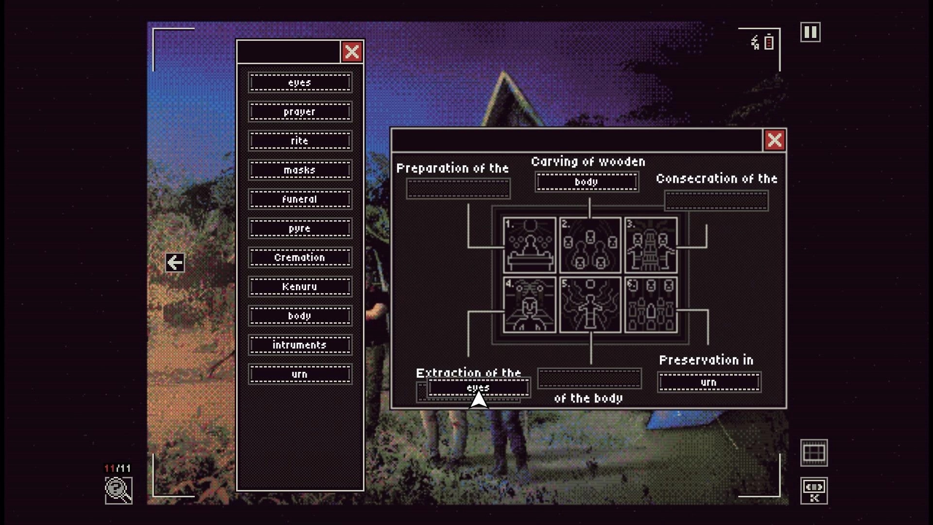 Green Inferno: Evidence linking board with ritual icons and word list over a jungle campsite scene.