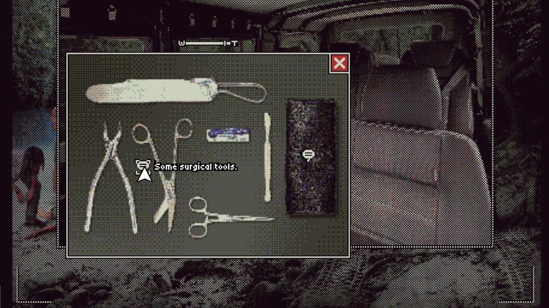 Green Inferno: Evidence popup highlights surgical tools on a tray inside a jungle jeep cabin scene.