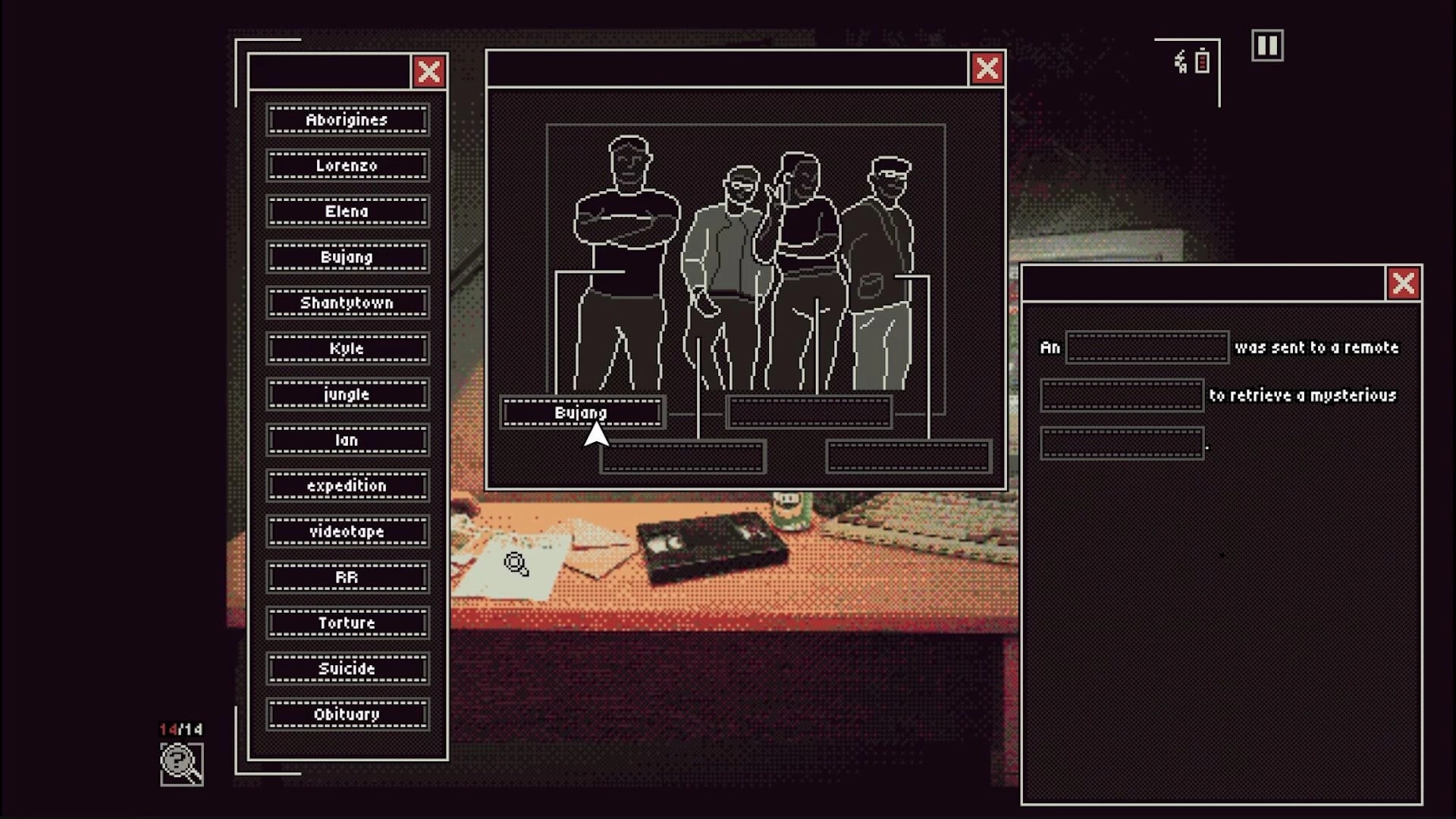 Green Inferno: Evidence board UI with suspects list and silhouettes, Bujang selected in desk scene.