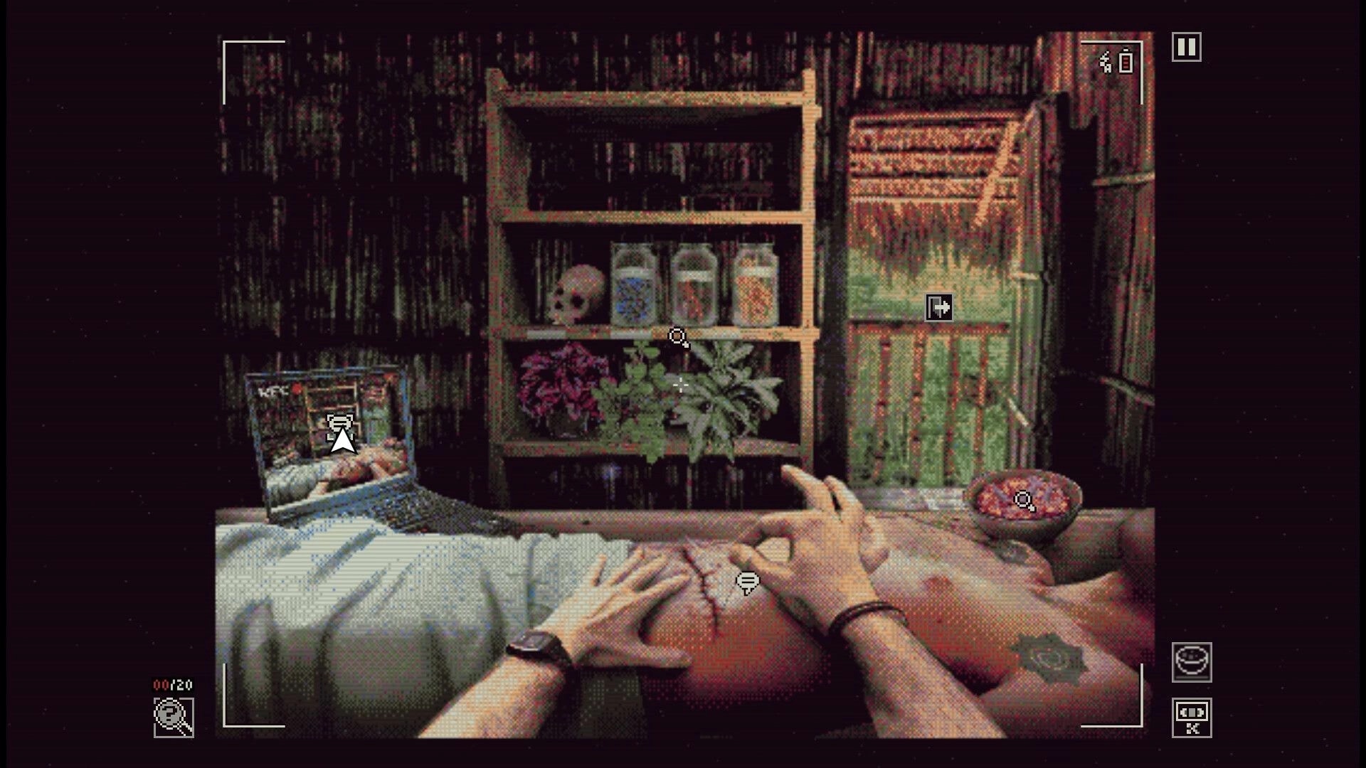 Green Inferno: First-person examining a corpse on a bed, shelf of jars and skull in a wooden hut.