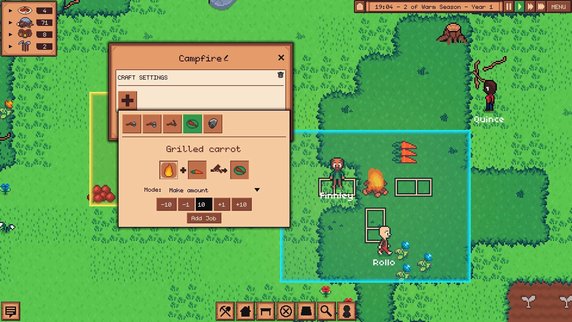 Greenfeet Haven: Crafting menu open with halflings Quince and Rollo near campfire in grassy clearing.