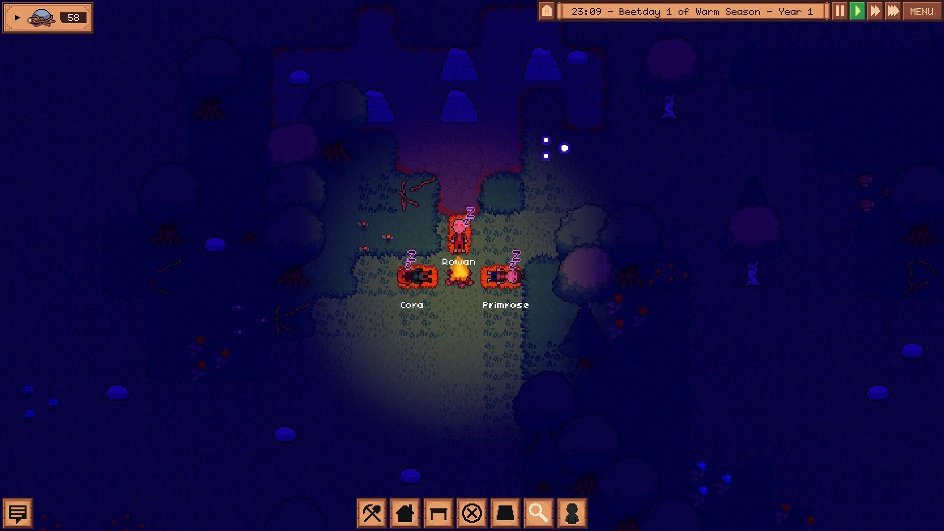 Greenfeet Haven: Rowan, Corg, and Primrose sleep by a campfire in a dark forest clearing at night.