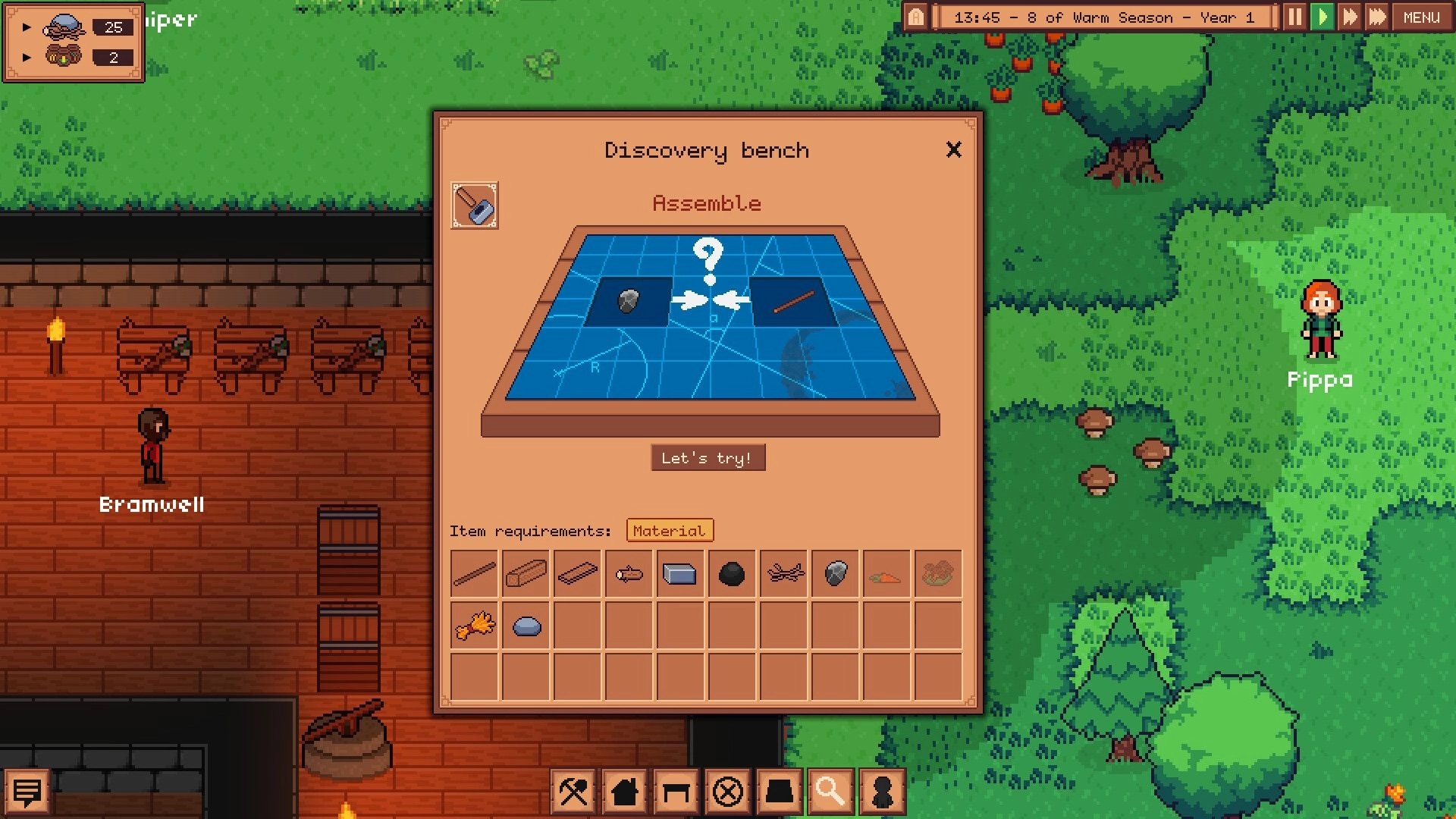 Greenfeet Haven: Discovery bench crafting menu open, showing item requirements in a forest setting.