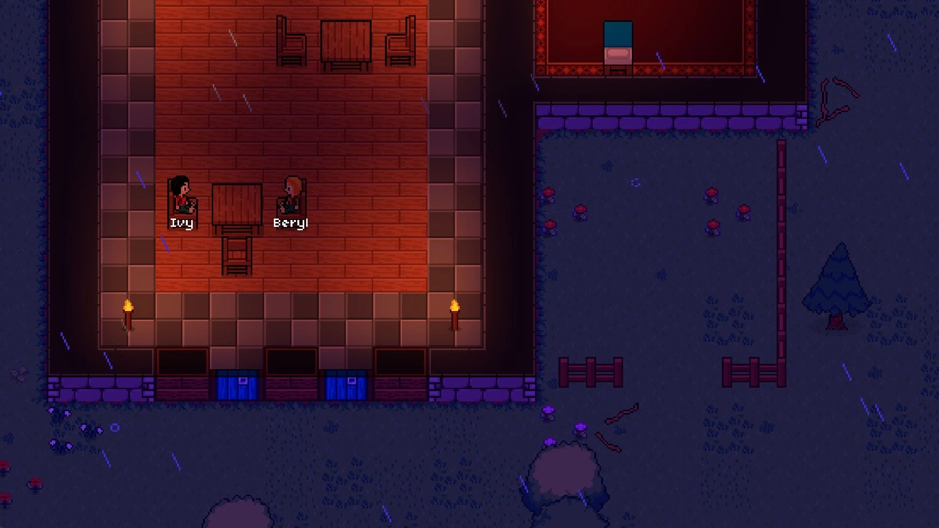 Greenfeet Haven: Ivy and Beryl seated inside a dimly lit wooden house during a rainy night scene.