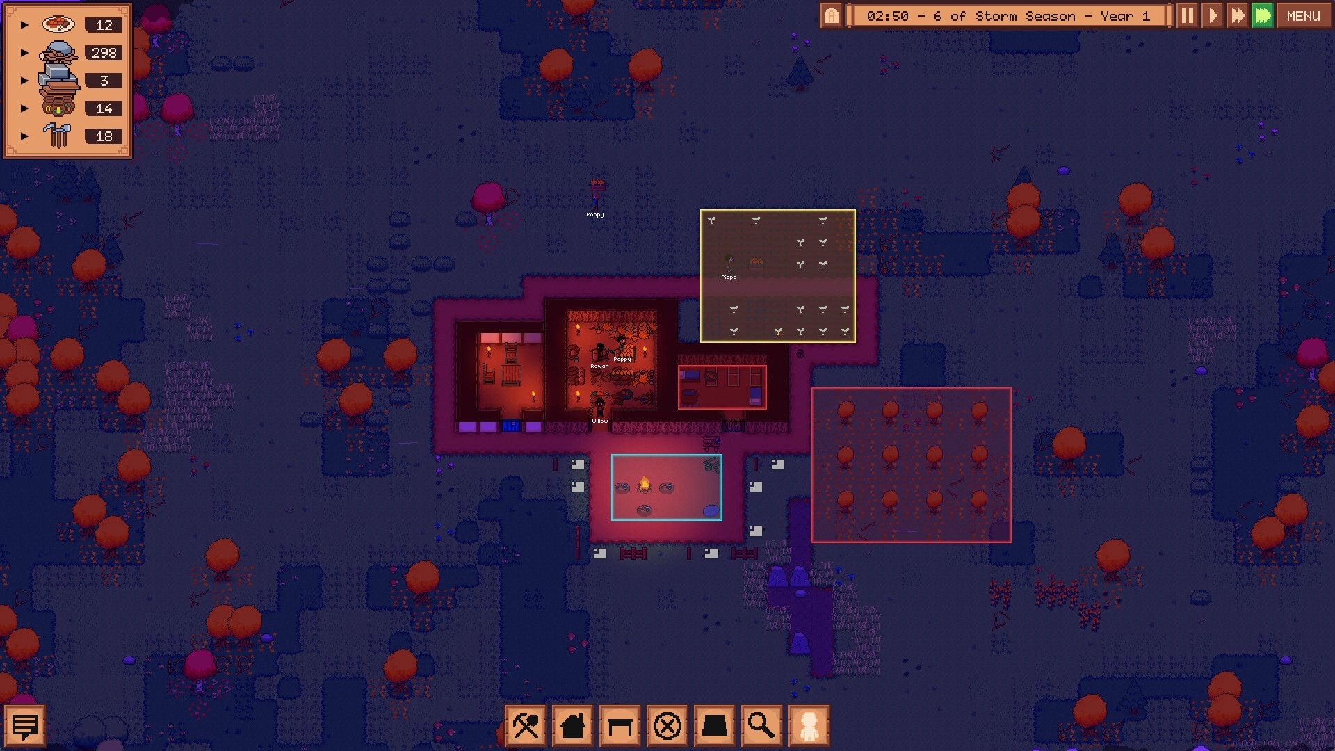 Greenfeet Haven: Nighttime village overview with Peppy, Brown, and Willow near a cozy campfire inside rooms.