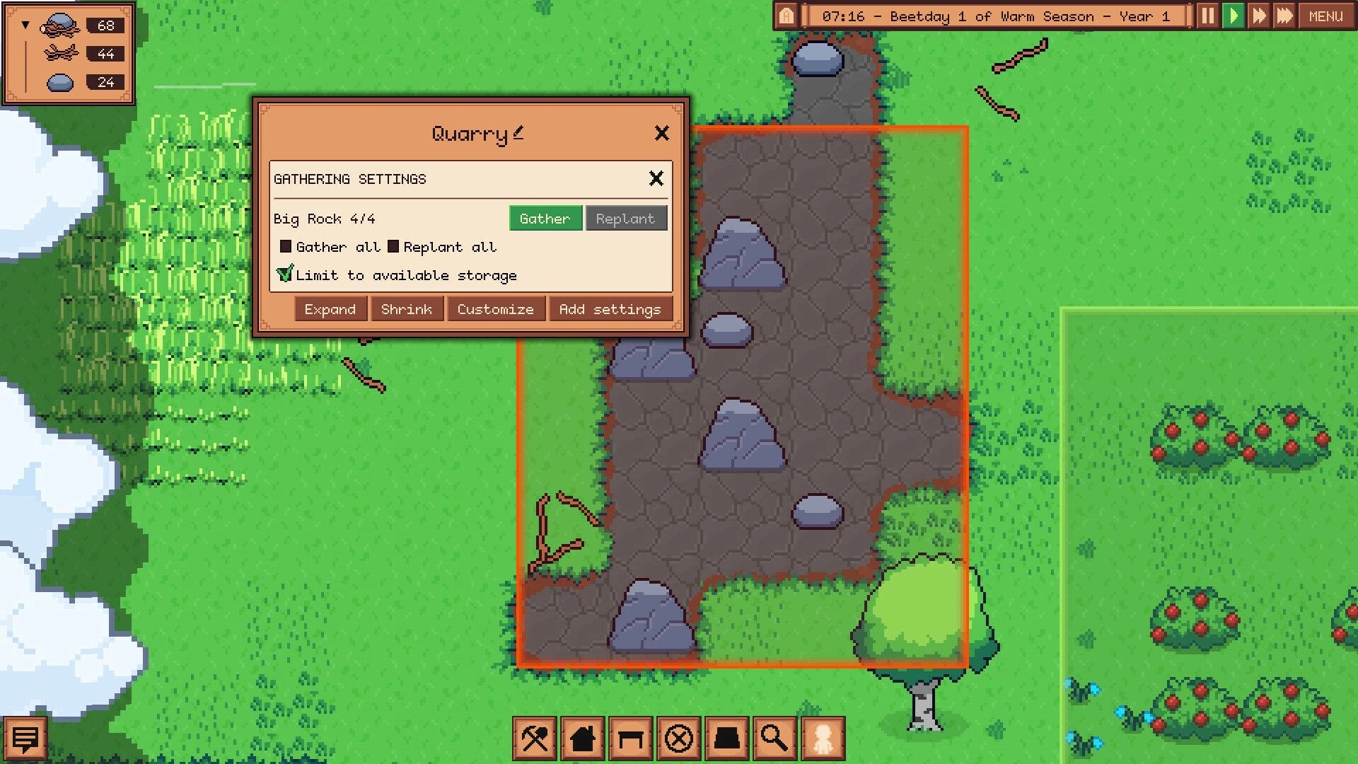 Greenfeet Haven: Quarry gathering settings menu overlaid on grassy terrain with rocks and bushes