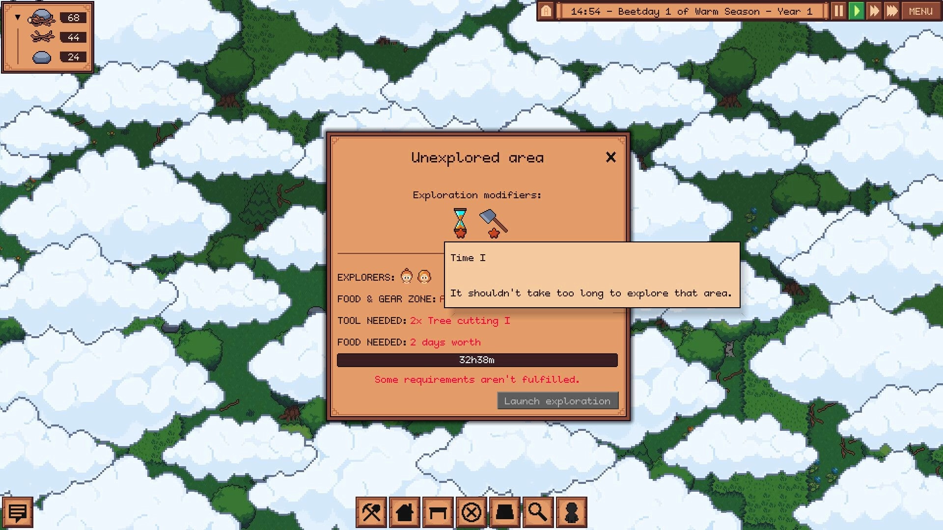 Greenfeet Haven: Exploration menu with resource requirements and map view of forested area with clouds