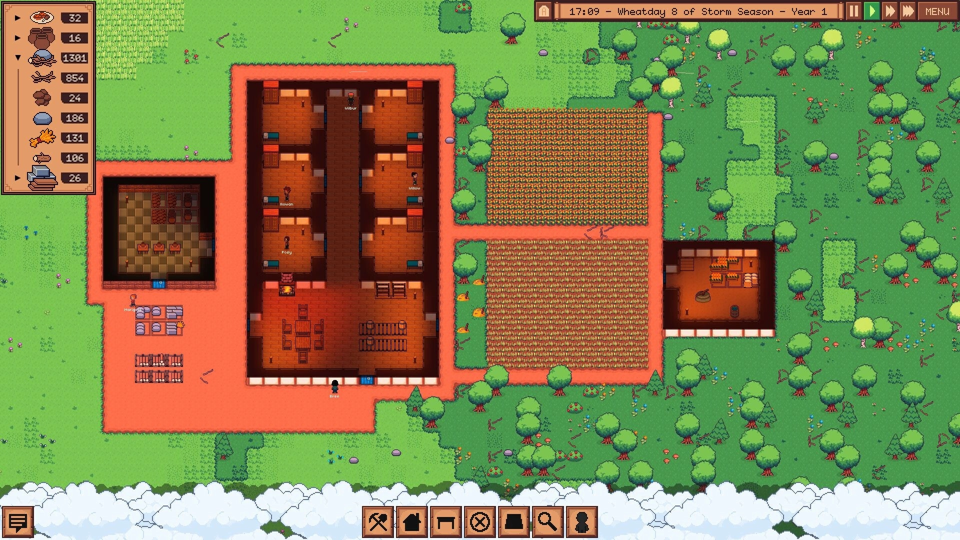 Greenfeet Haven: Village overview with halflings, resource panel, and wheat fields in a forest setting