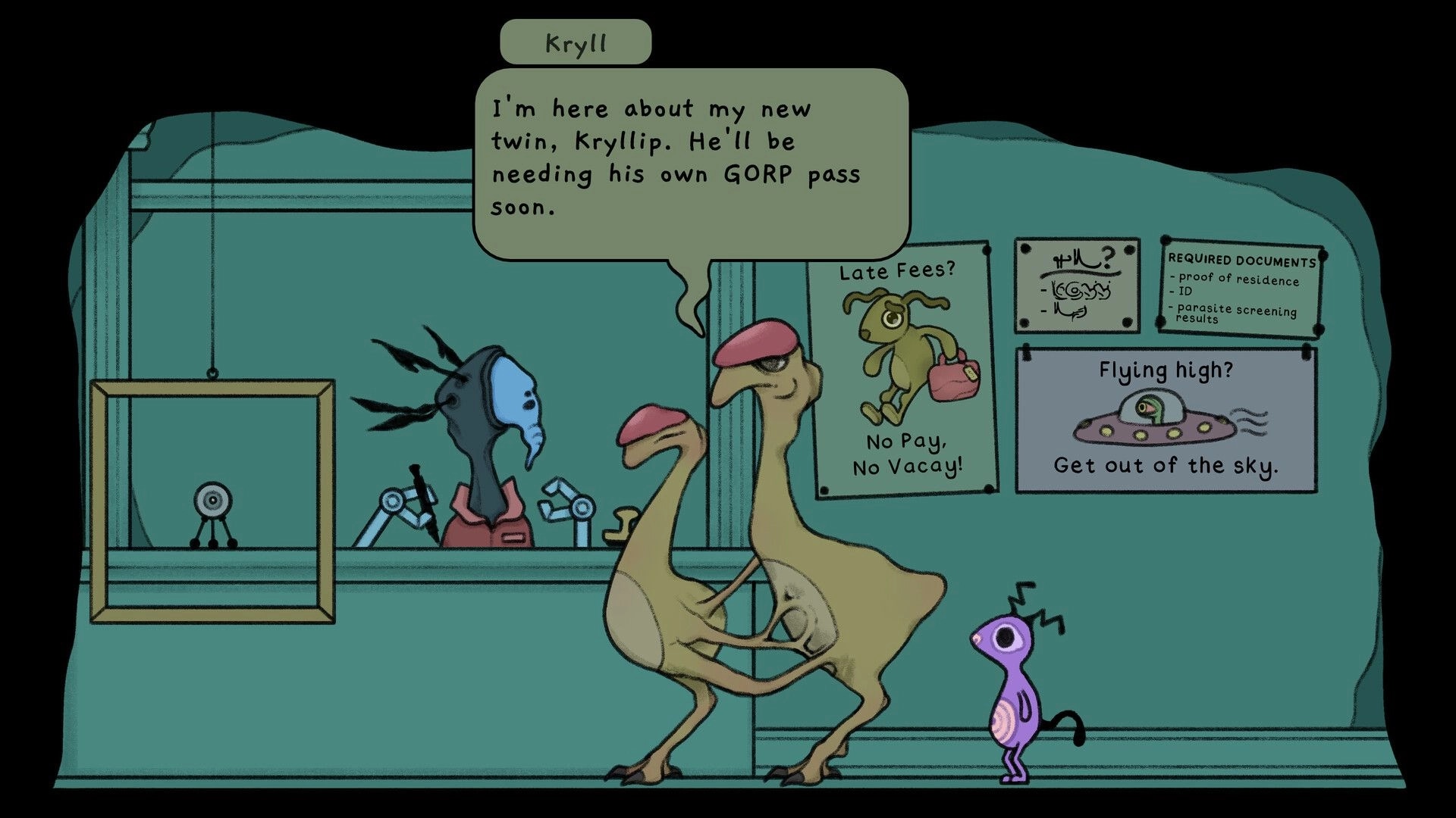 Grems: Kryll at the counter discussing GORP pass with blue alien, quirky signs on the wall