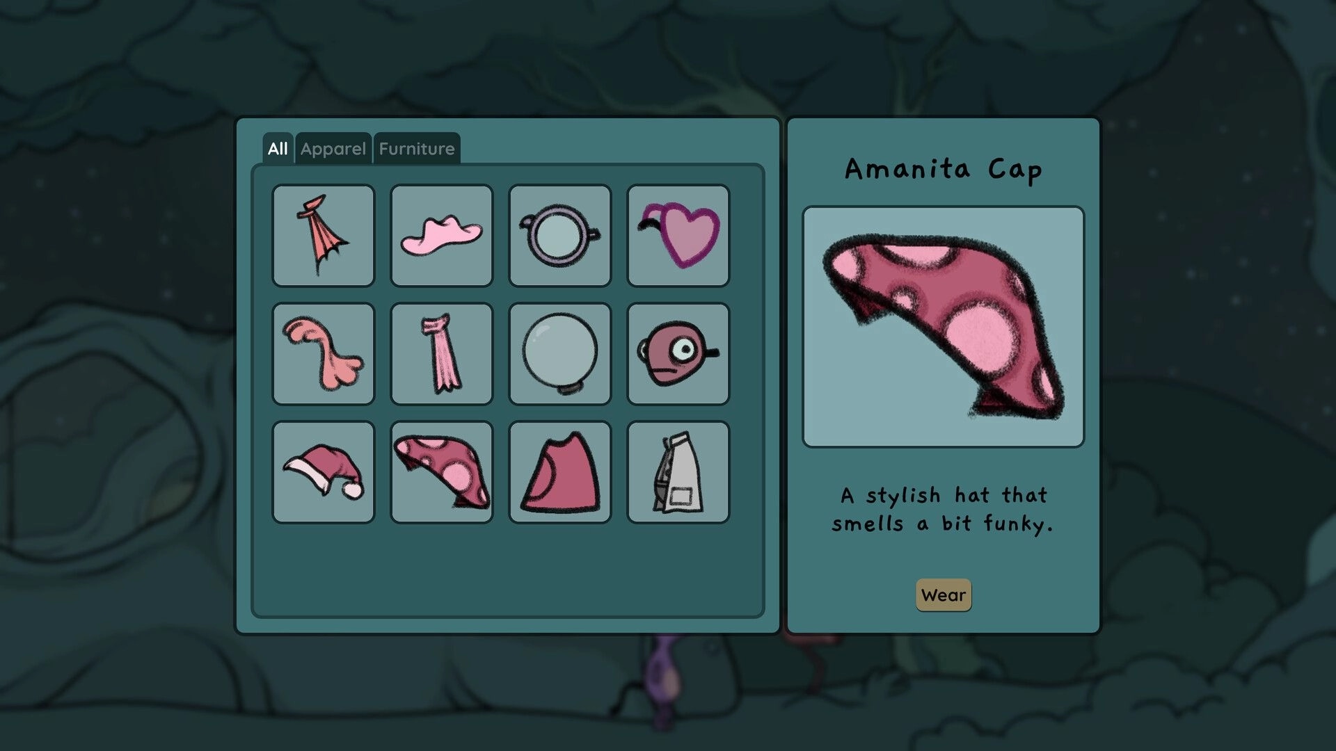 Grems: Inventory menu displaying various apparel items, featuring the Amanita Cap with a wear option.