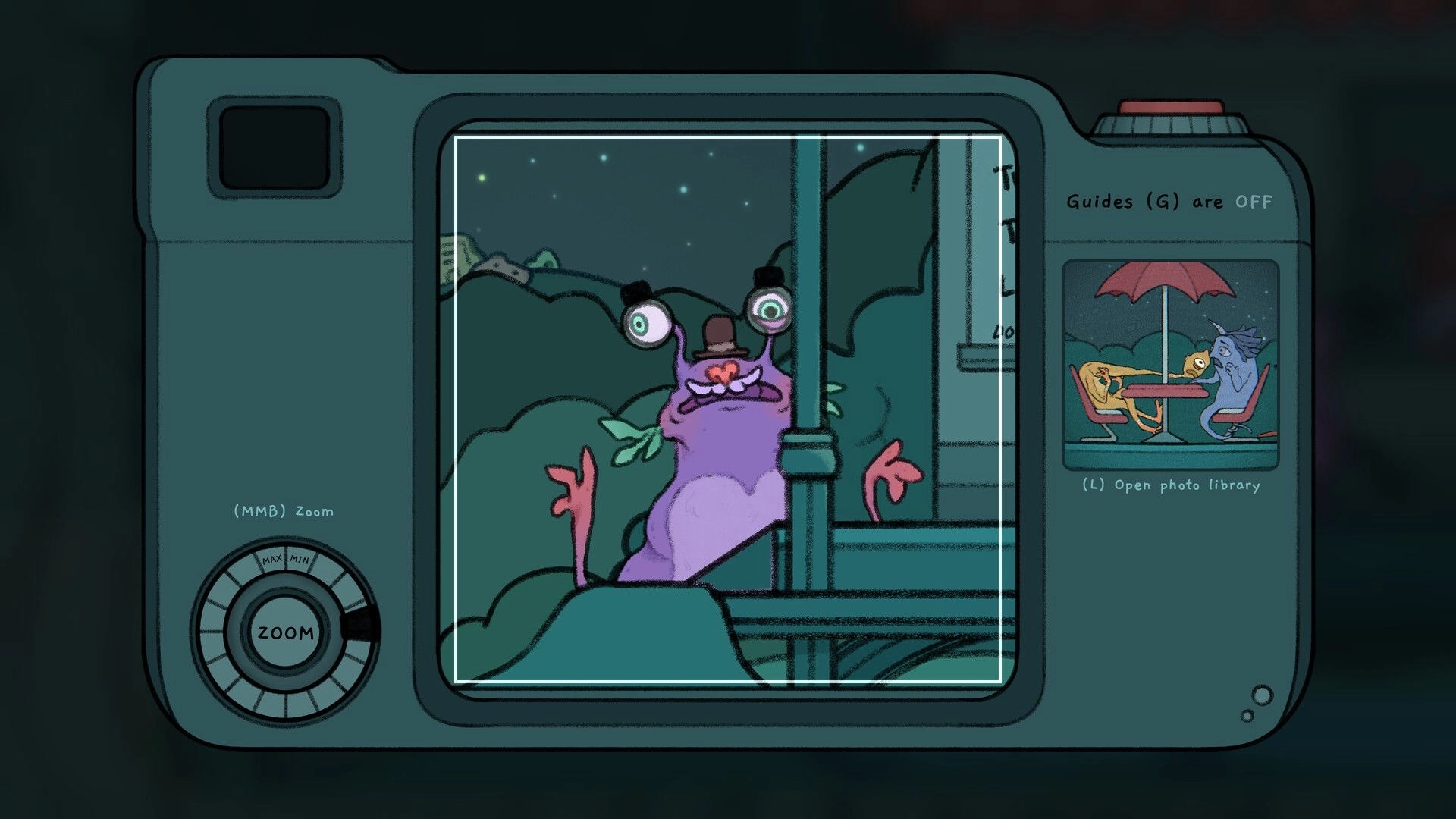Grems: Purple alien with hat in camera viewfinder, photo options menu on right side of screen