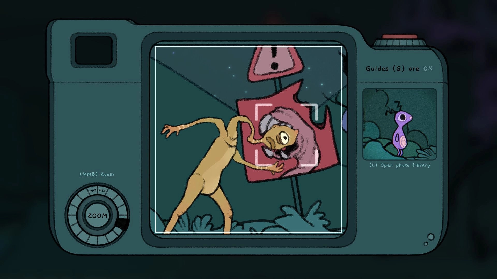 Grems: Quirky alien posing in camera viewfinder with photo library and settings menu visible