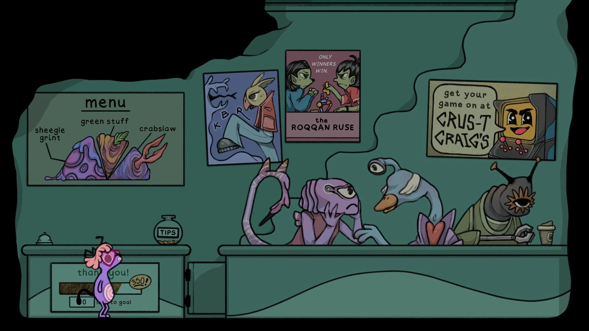 Grems: Quirky alien cafe scene with menu, posters, and tip jar in cozy hand-drawn style environment.