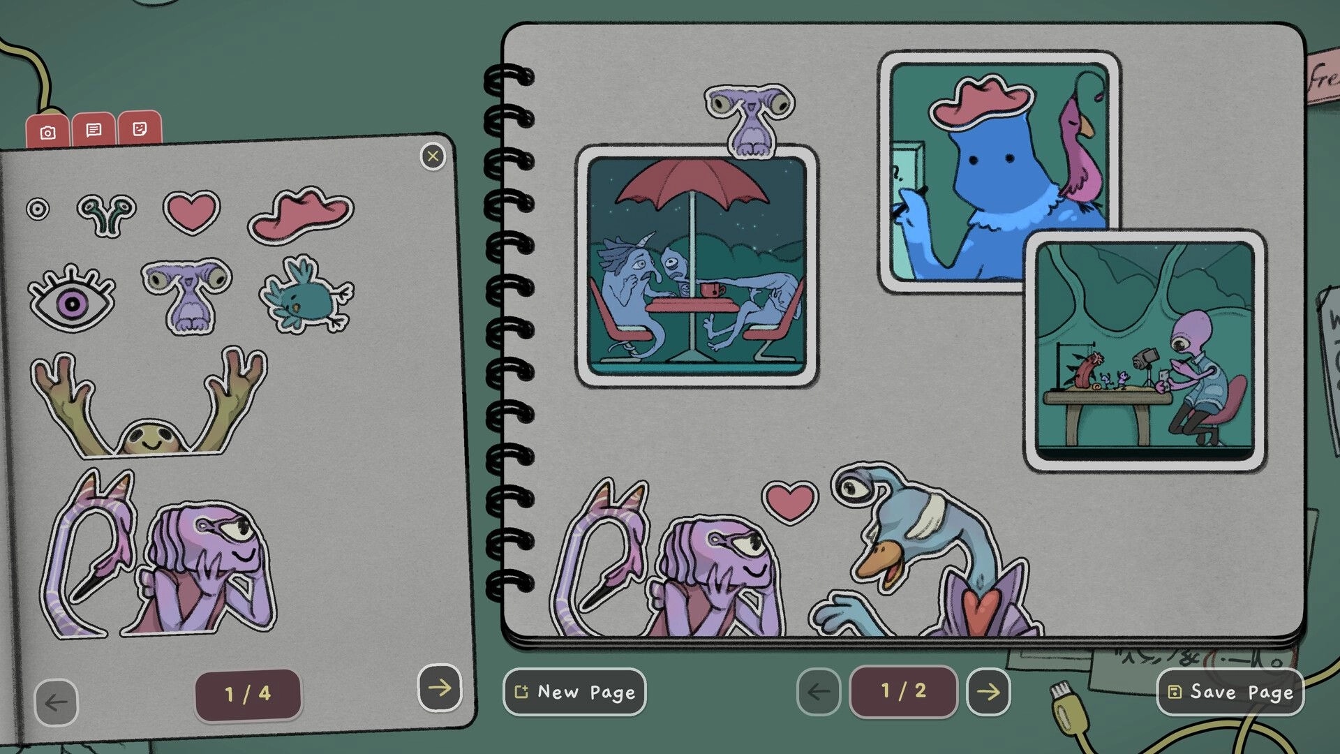 Grems: Sticker collection and photo album interface with quirky alien characters and decorative icons.